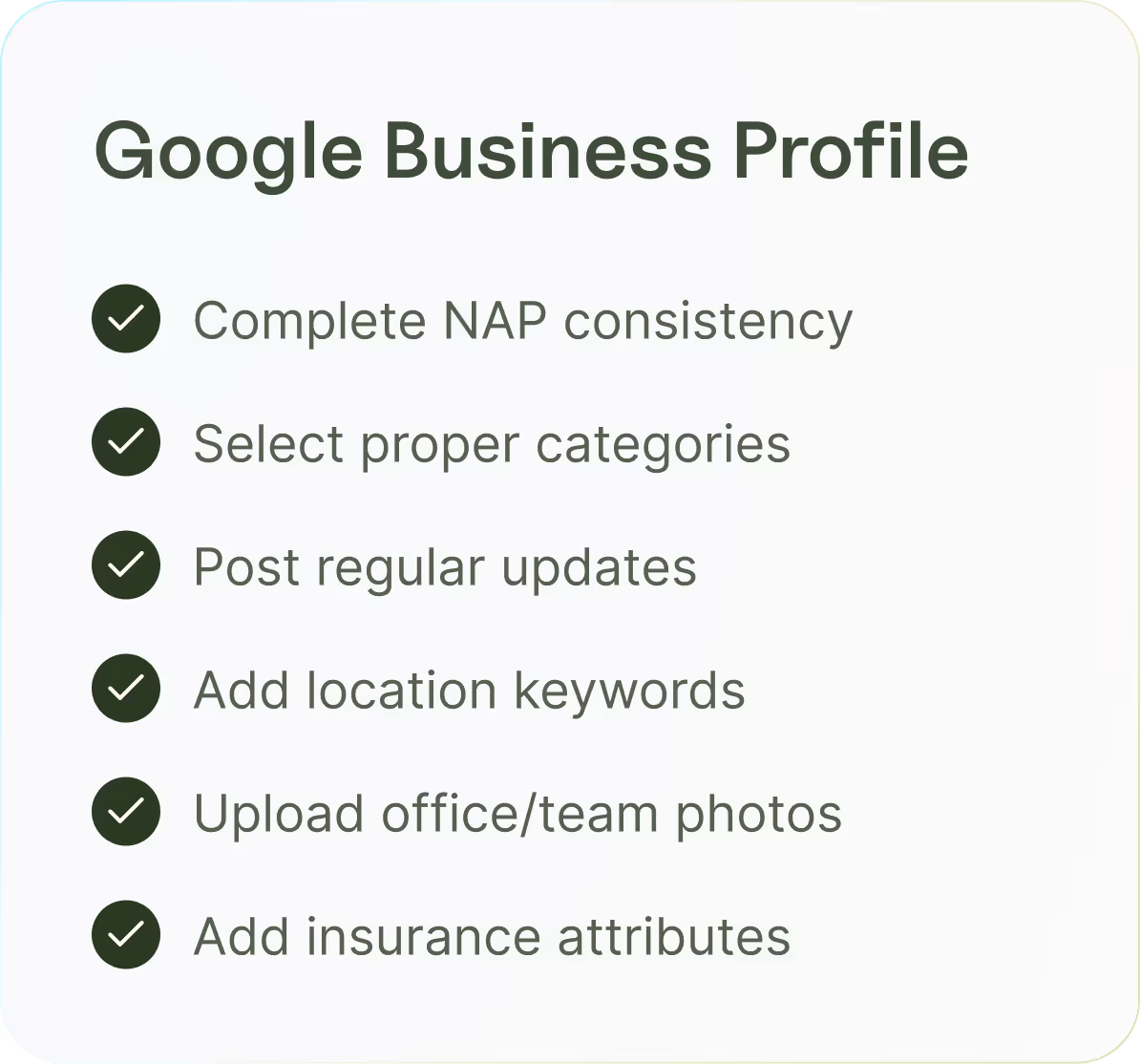 Google Business Profile optimization checklist for insurance agencies showing seven steps including NAP consistency, business categories, review management, and local keyword targeting