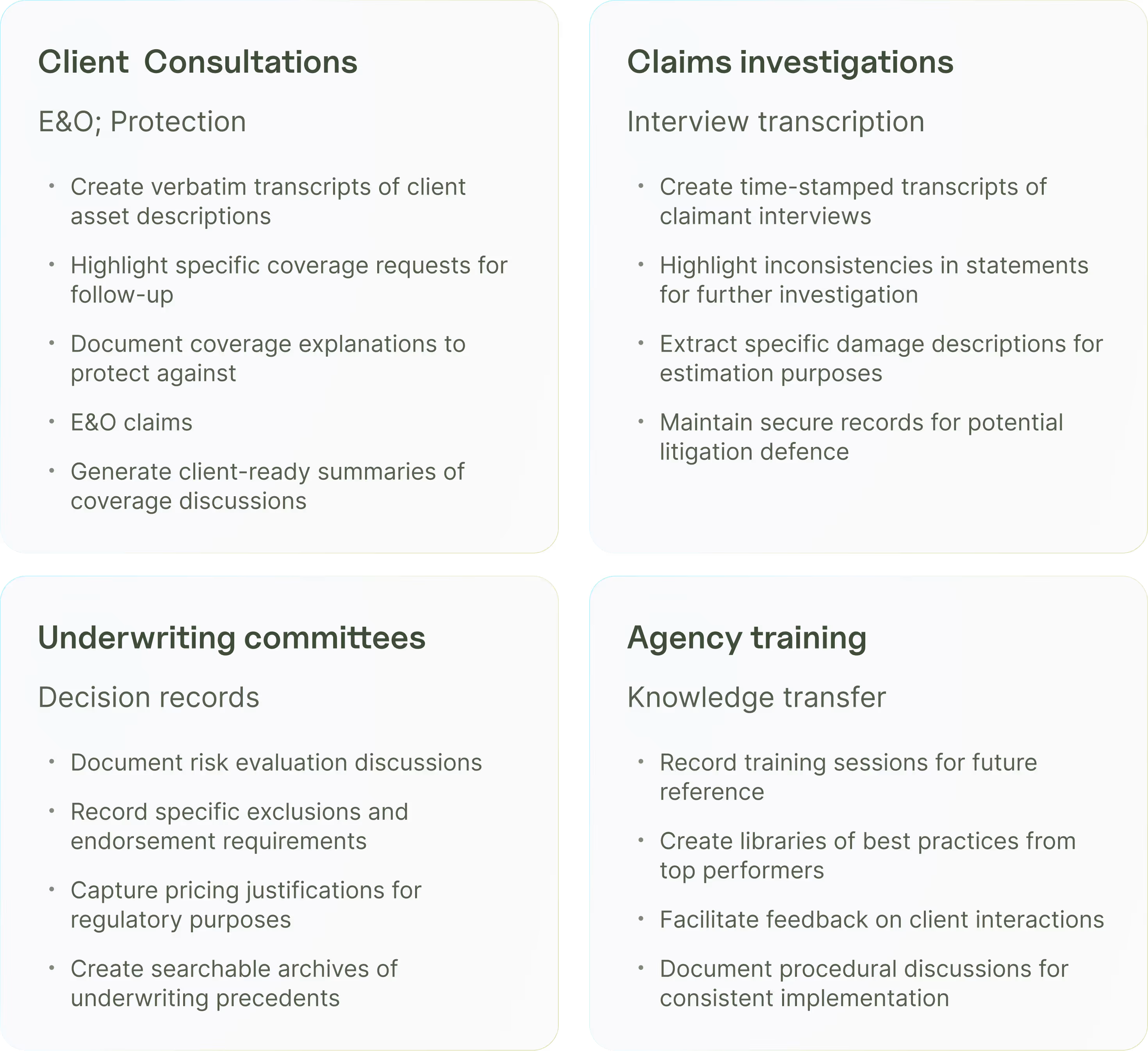 Four key use cases for AI meeting assistants in insurance including client consultations, claims, underwriting, and training