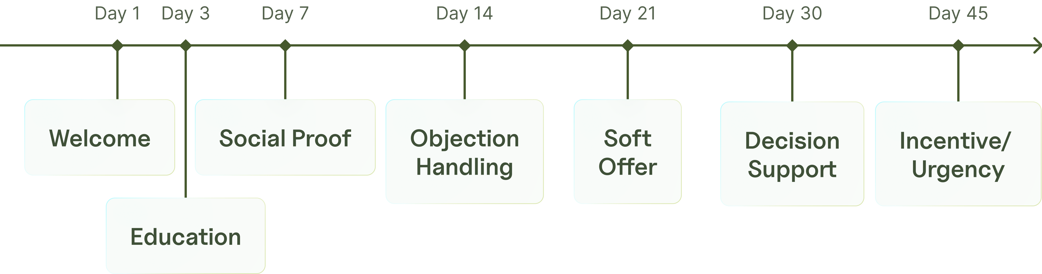 Insurance lead nurturing drip campaign sequence showing seven touchpoints over 45 days