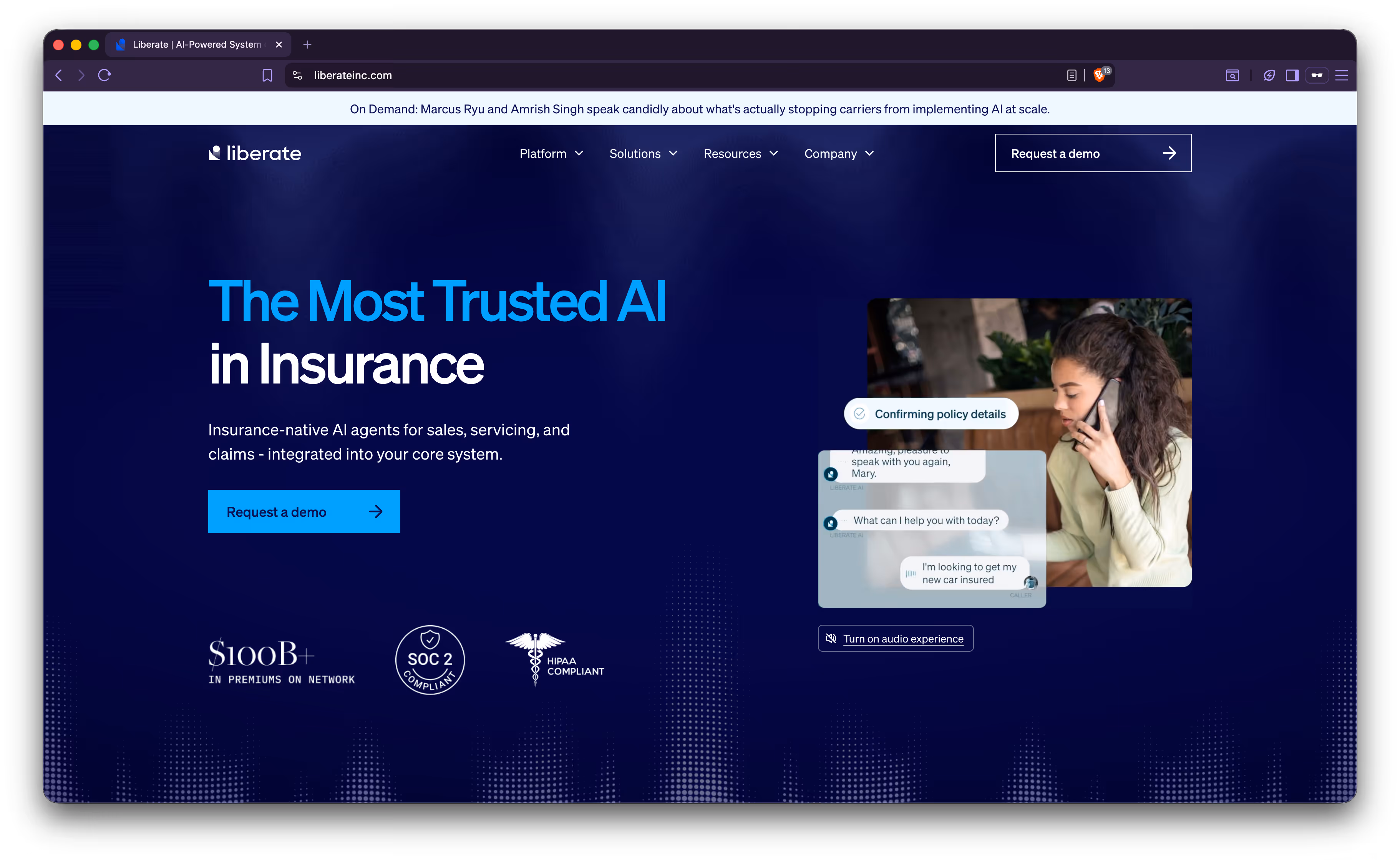 Screenshot from liberate.ai's public homepage showing the Nicole voice agent interaction