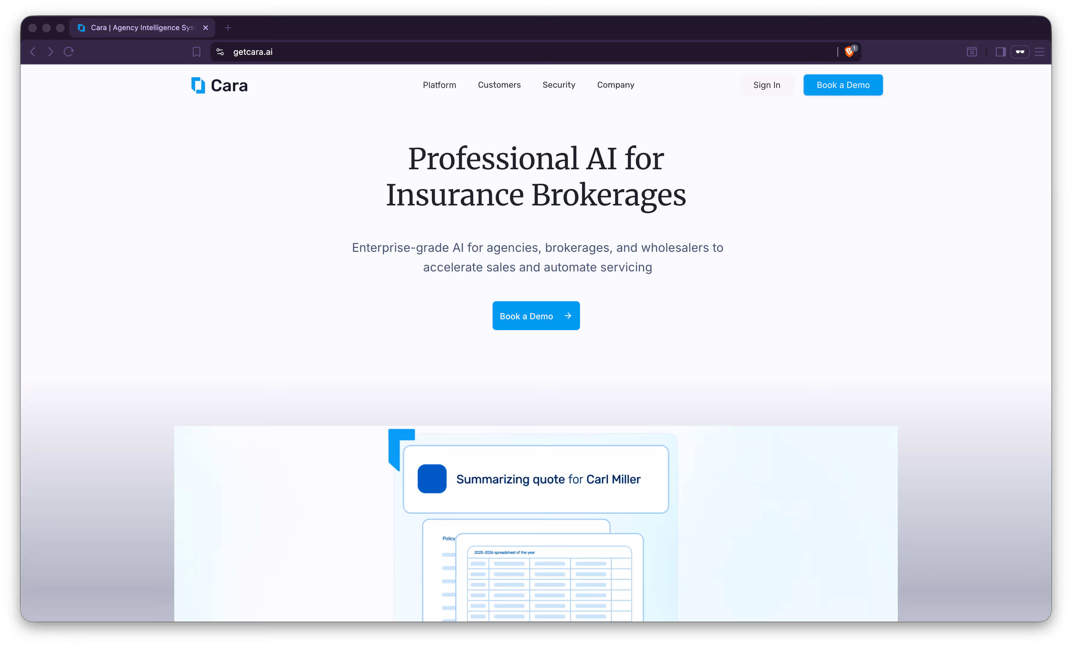 Screenshot of Cara by Capacity's public page showing their AI receptionist for insurance agencies.