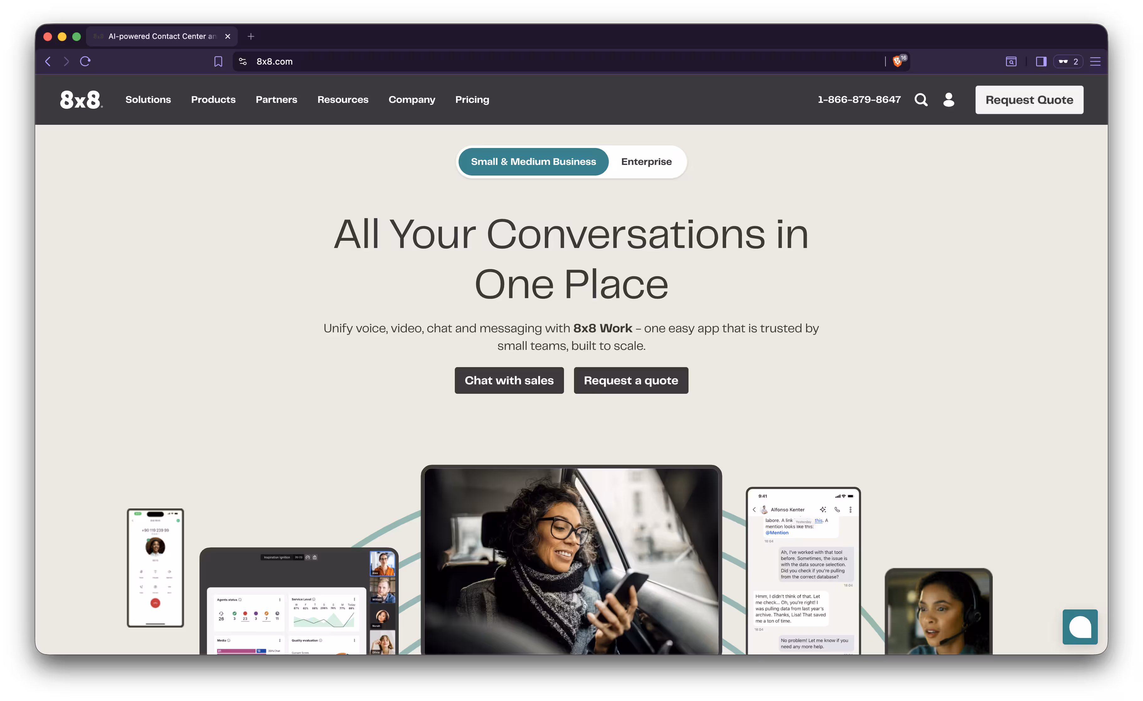 Screenshot of 8x8's public homepage showing their XCaaS enterprise communications platform.