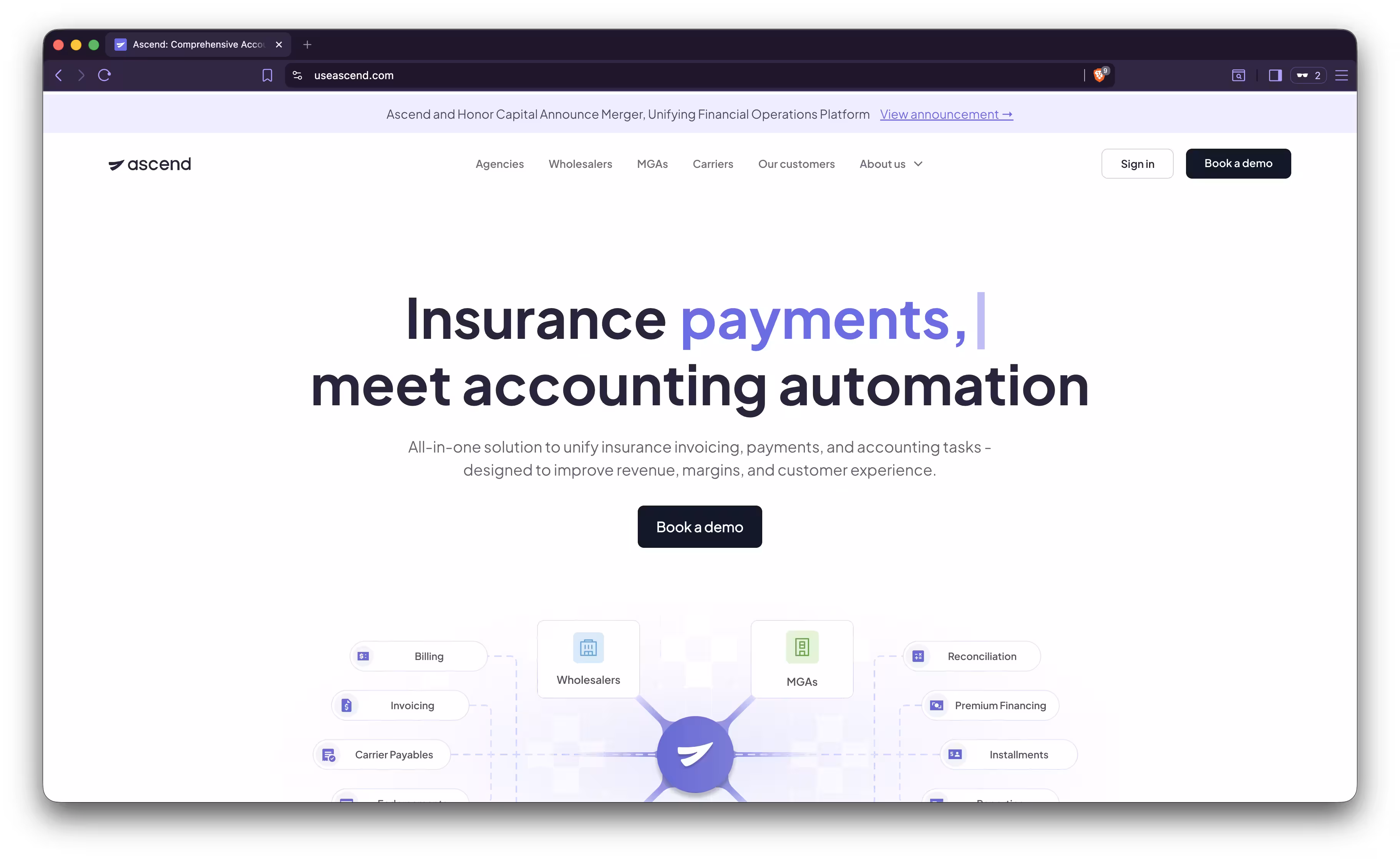 Screenshot of Ascend's public homepage showing their commercial insurance quoting and binding platform.