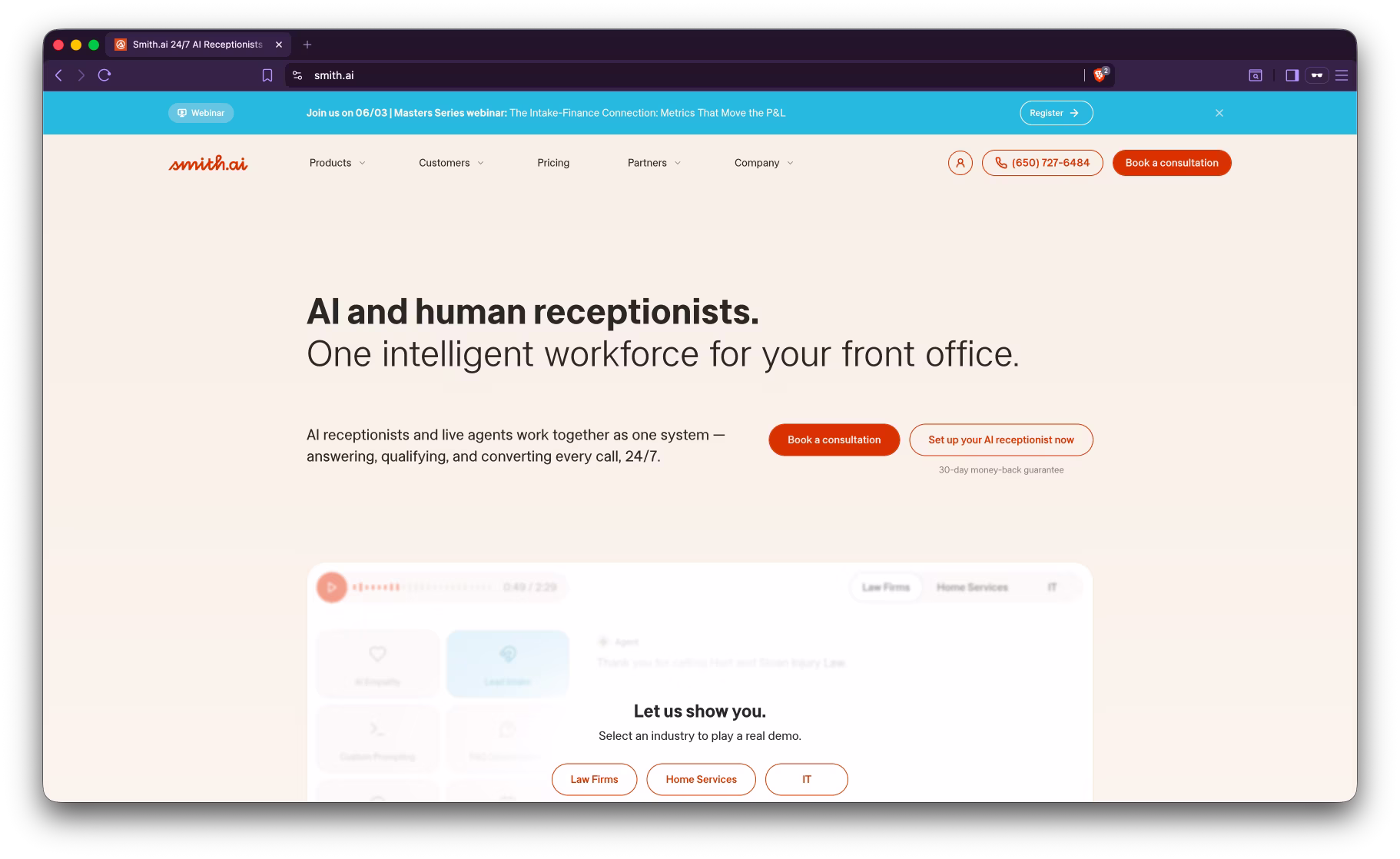 Screenshot of Smith.ai's public homepage showing their hybrid live + AI answering service.
