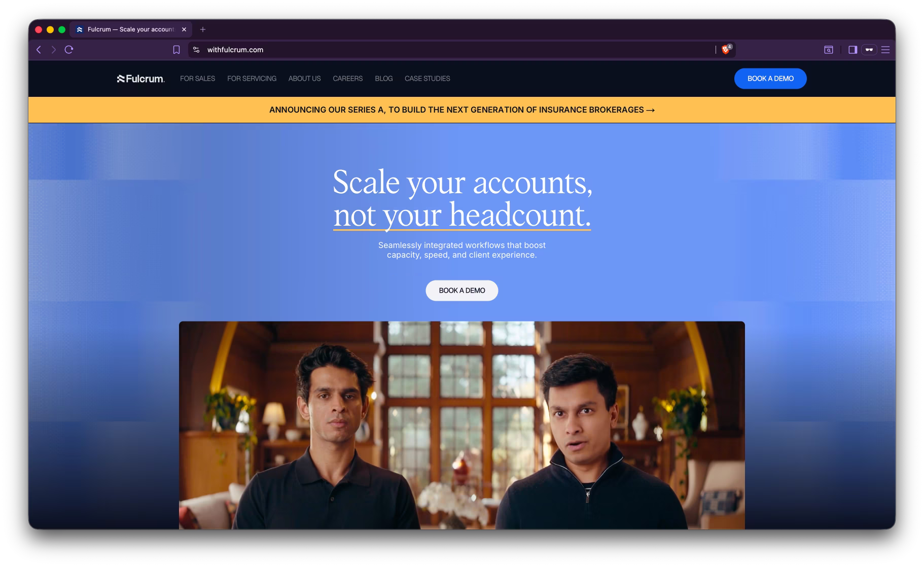 Screenshot of Fulcrum's public homepage showing their specialty insurance platform.