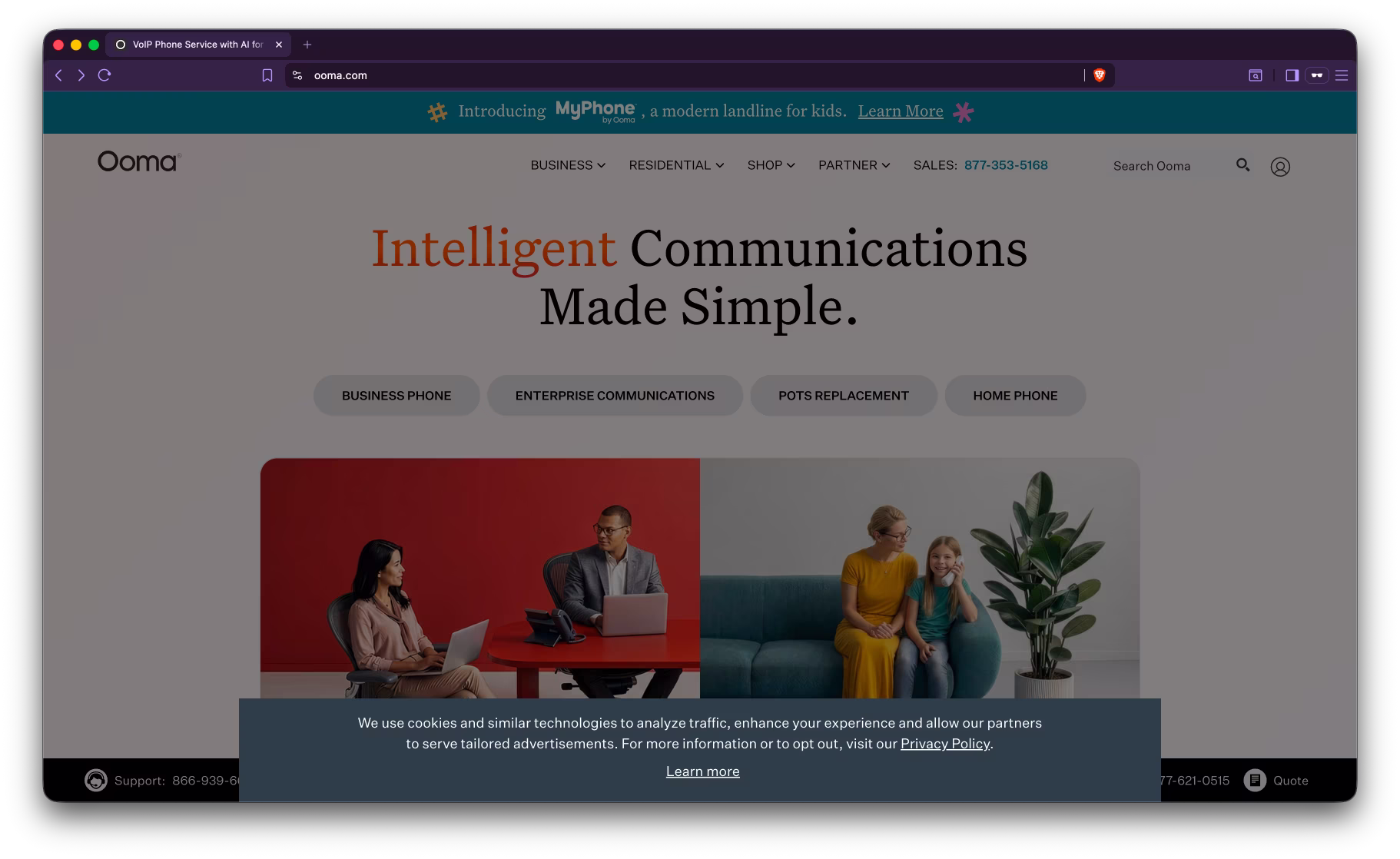 Screenshot of Ooma's public homepage showing their cloud-based phone system for small business.