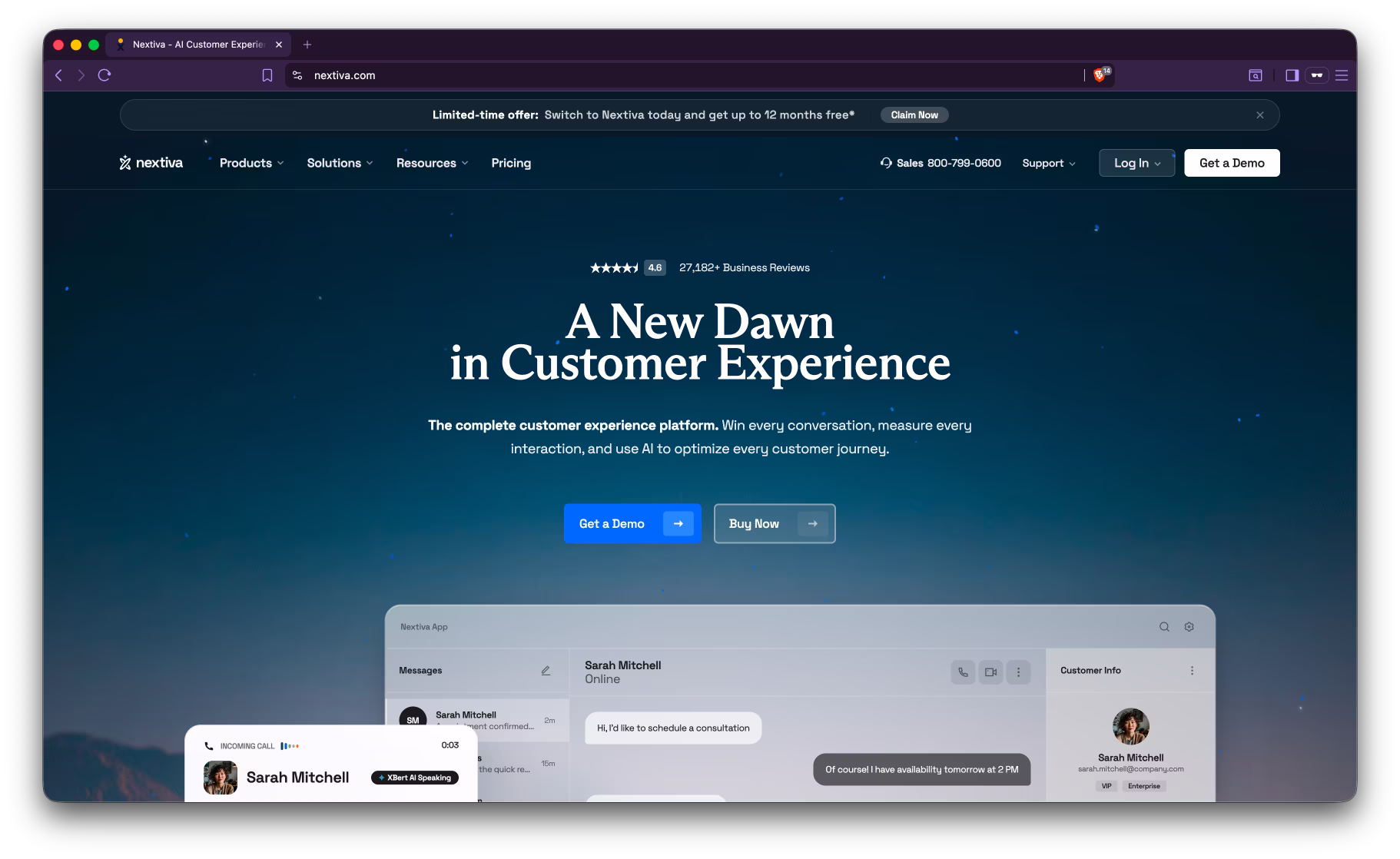 Screenshot of Nextiva's public homepage showing their business phone and CCaaS platform.