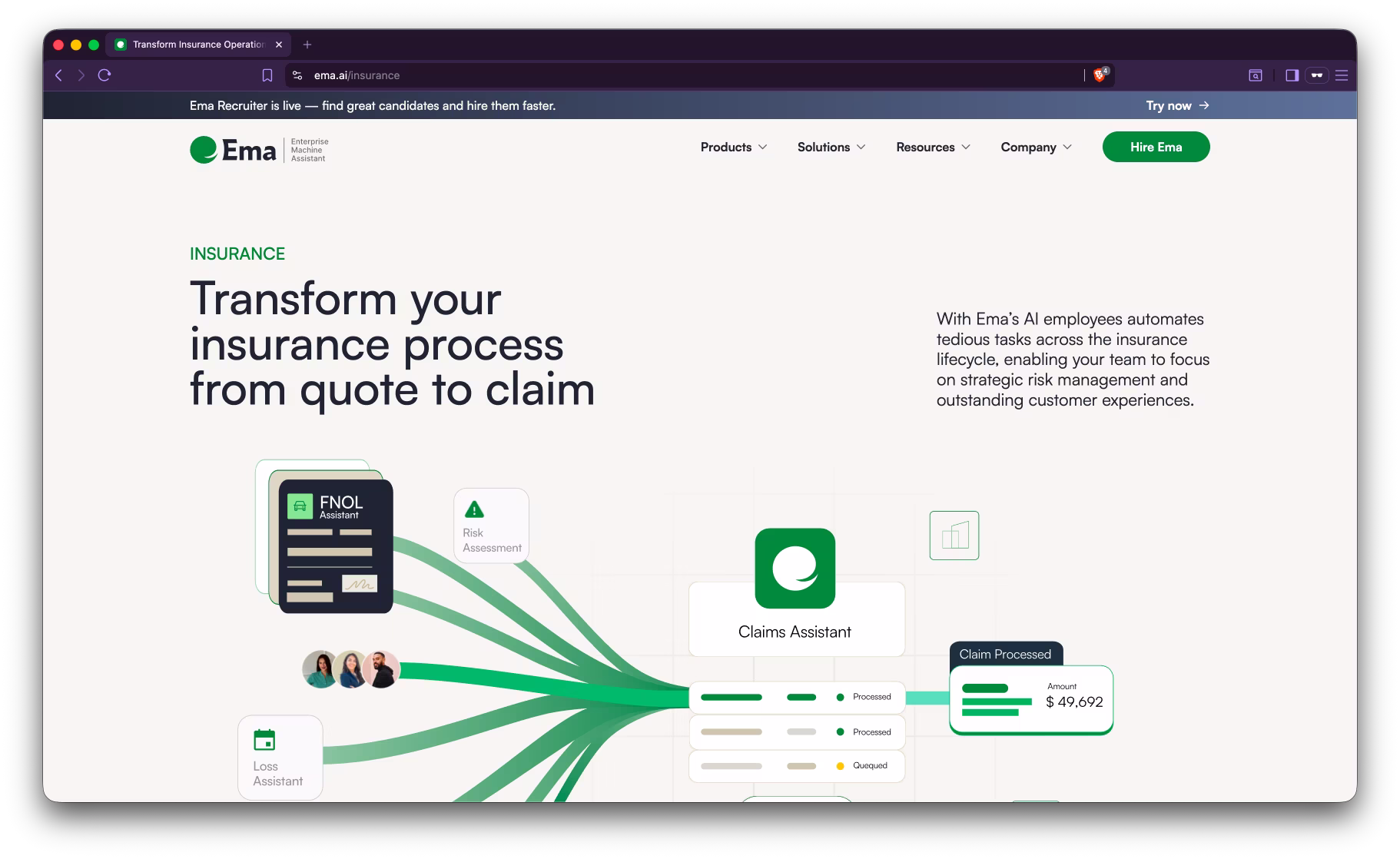 Screenshot of Ema's public homepage showing their enterprise AI 'employee' platform.