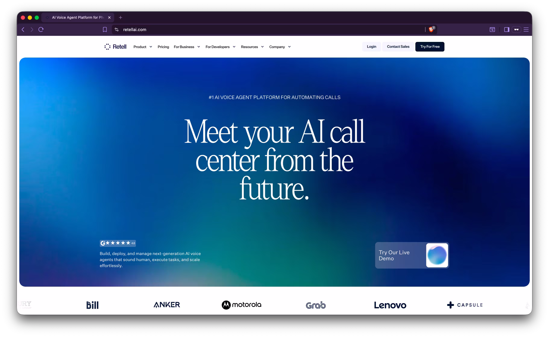 Screenshot of Retell AI's public homepage showing their developer-focused voice AI platform.