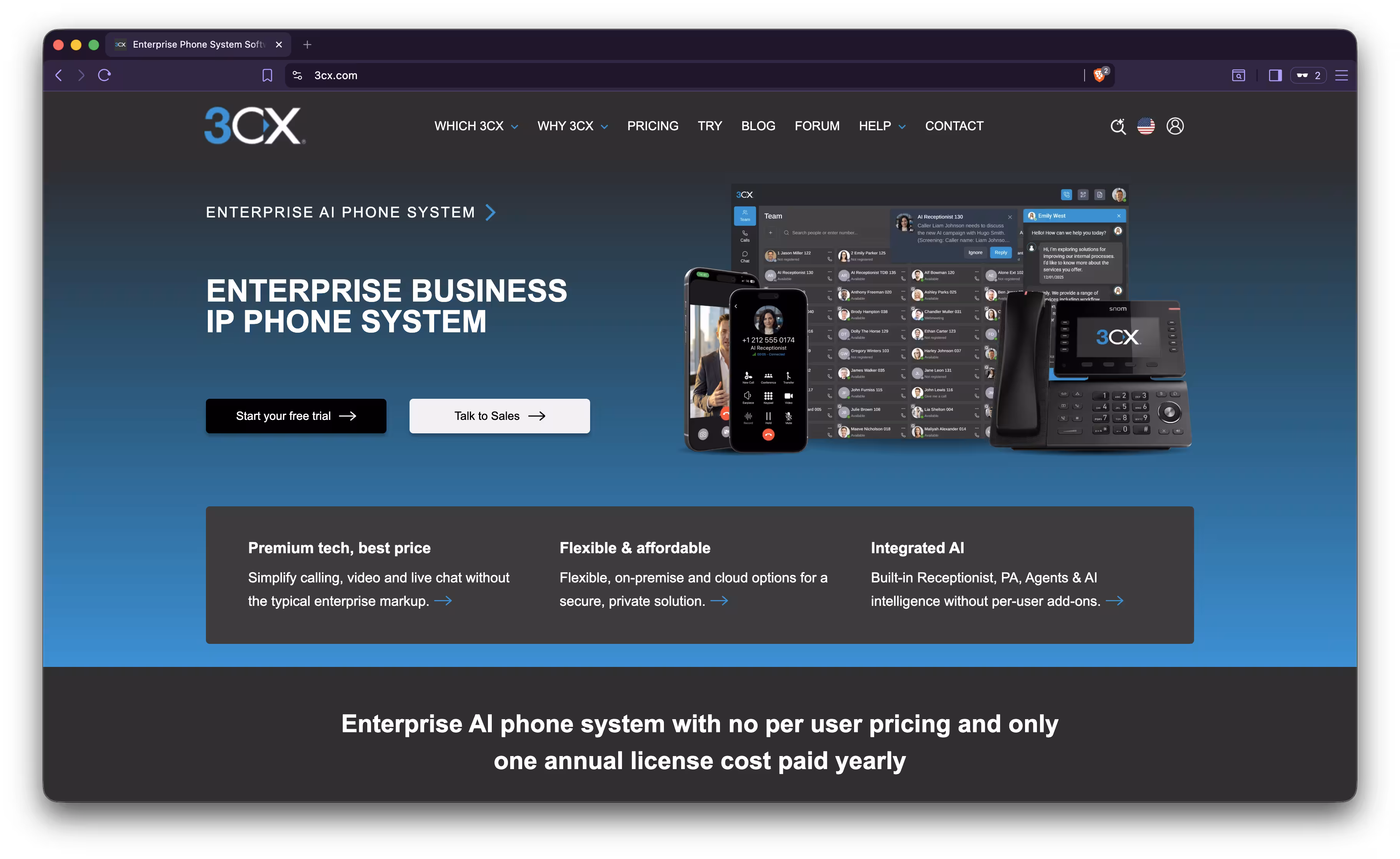 Screenshot of 3CX's public homepage showing their self-hosted IP PBX software.