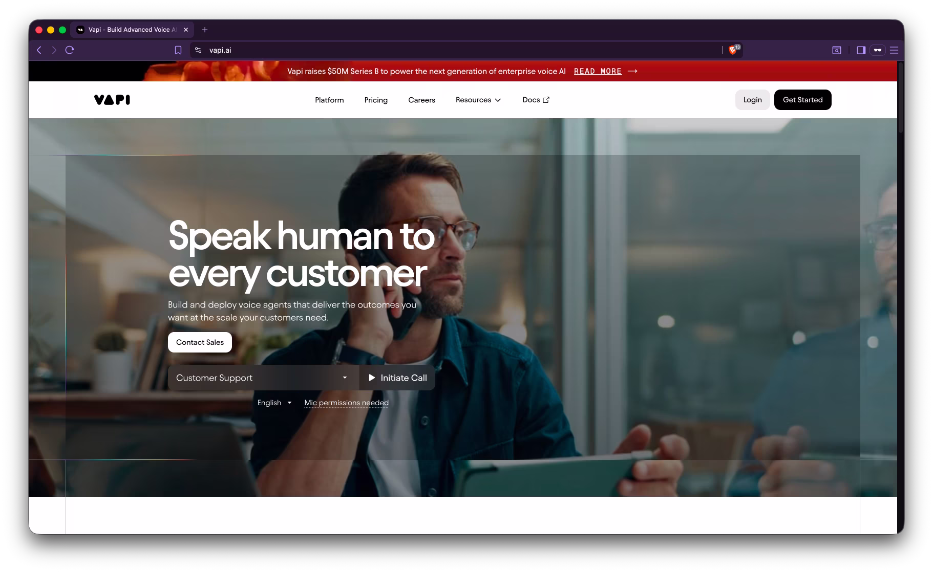 Screenshot of Vapi's public homepage showing their developer-focused AI voice platform.