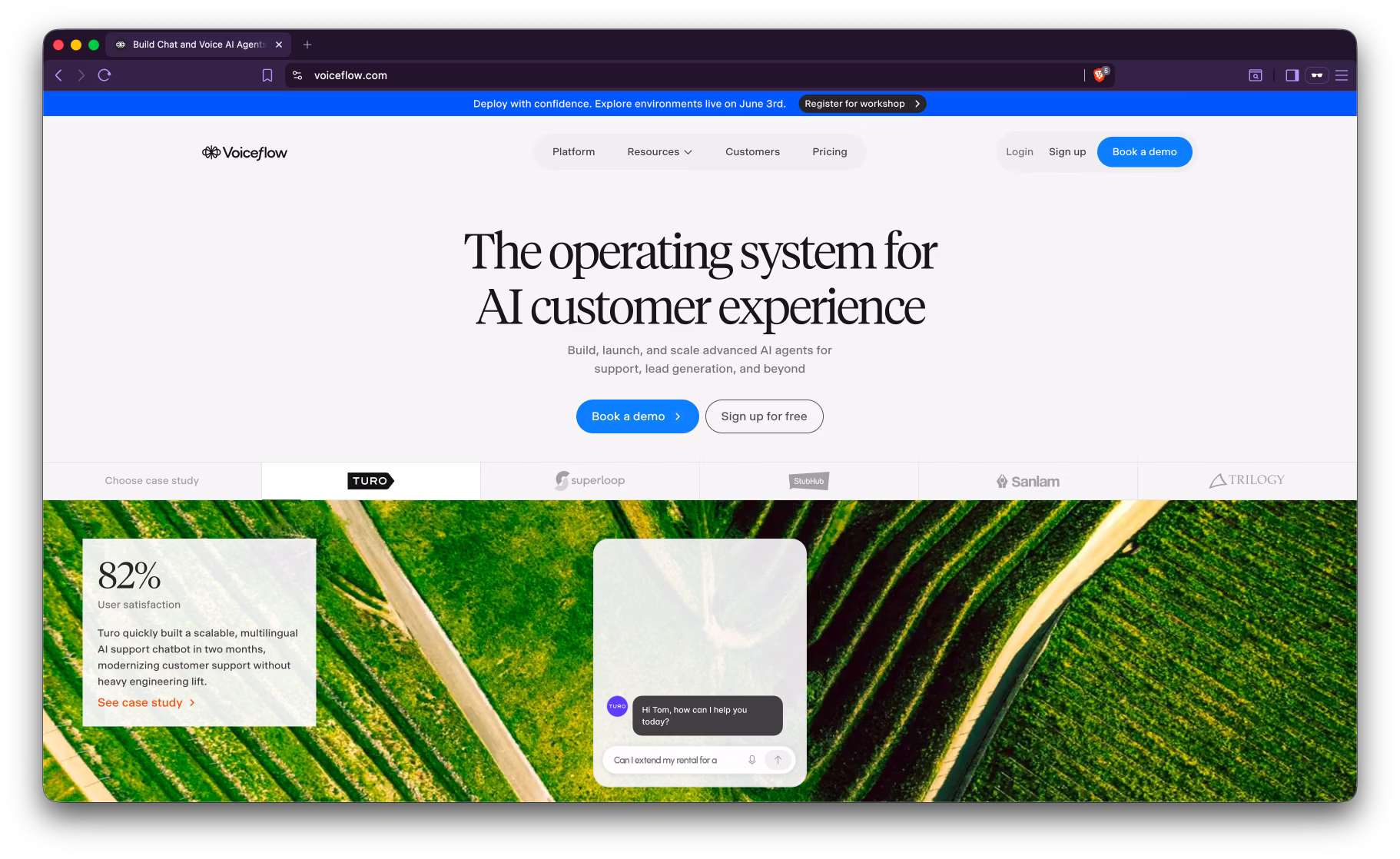 Screenshot of Voiceflow's public homepage showing their no-code chatbot and voice agent builder.