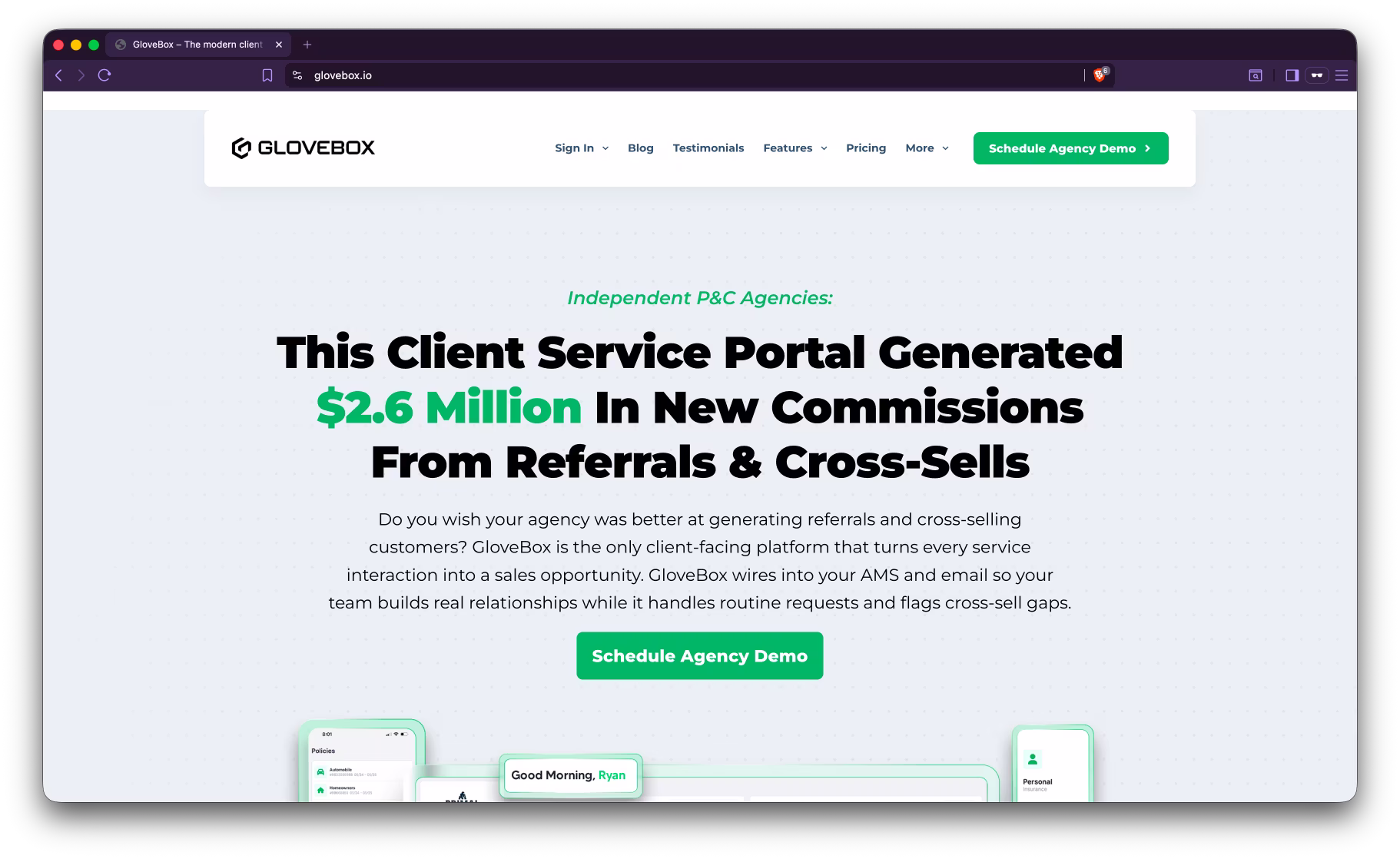 Screenshot of GloveBox's public homepage showing their mobile app platform for insurance agencies.