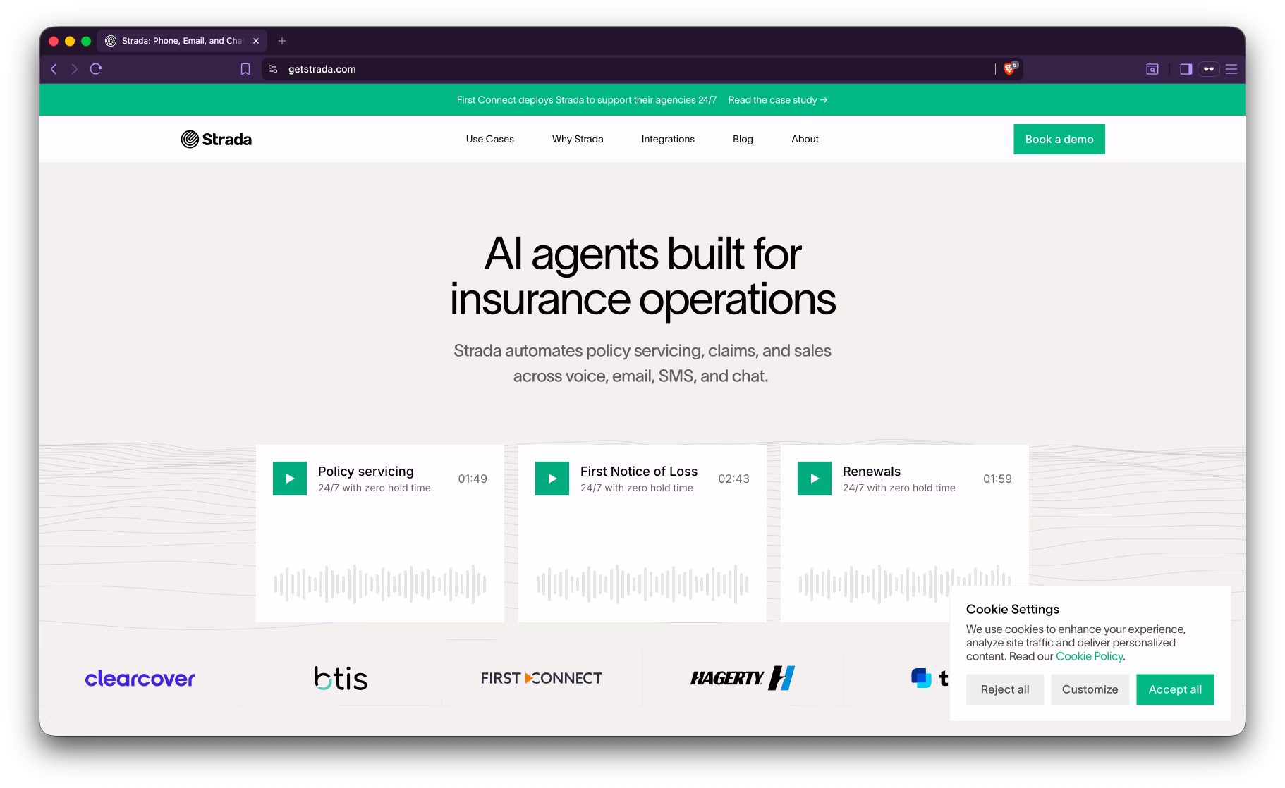 Screenshot of Strada's public homepage showing their AI voice platform for insurance.