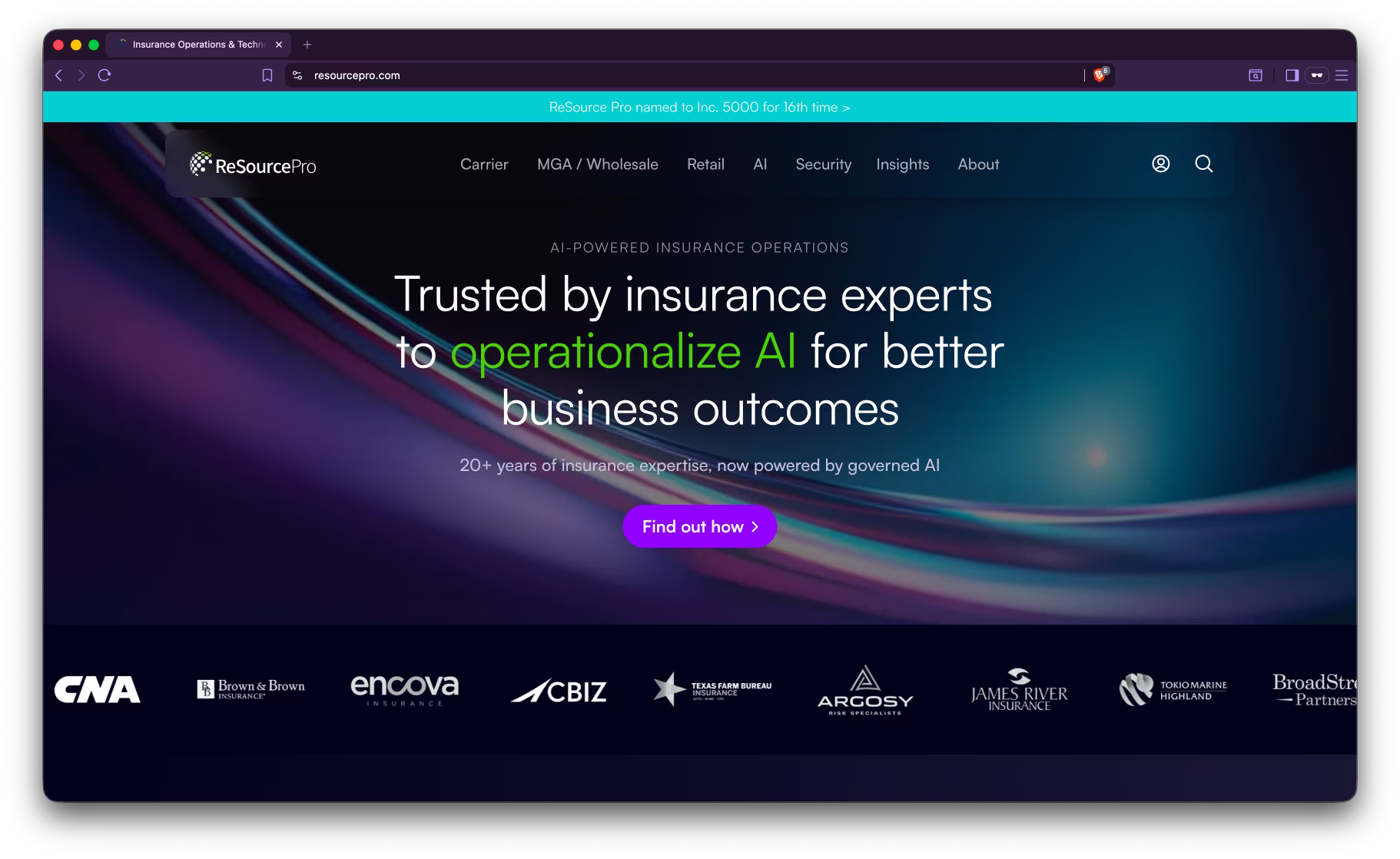 Screenshot of ResourcePro's public homepage showing their insurance outsourcing services.