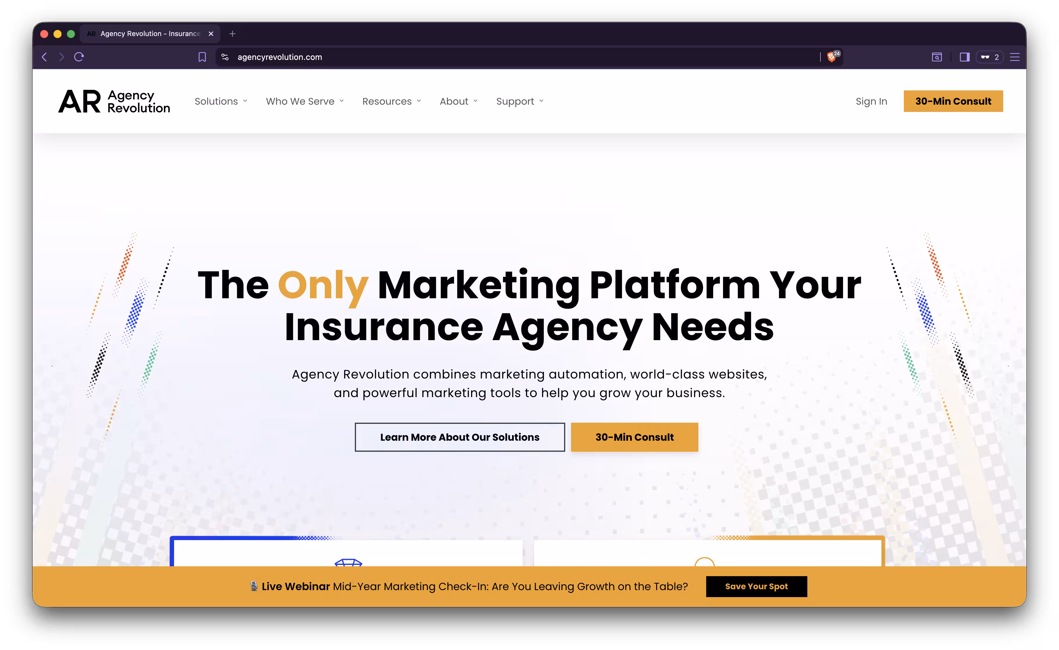 Screenshot of Agency Revolution's public homepage showing their marketing automation platform for insurance agencies.