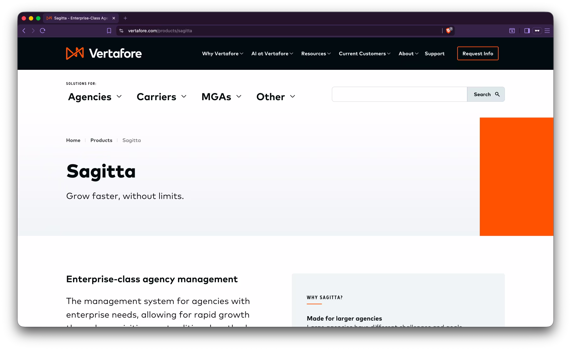 Screenshot of Sagitta's public page showing their agency management system from Vertafore.