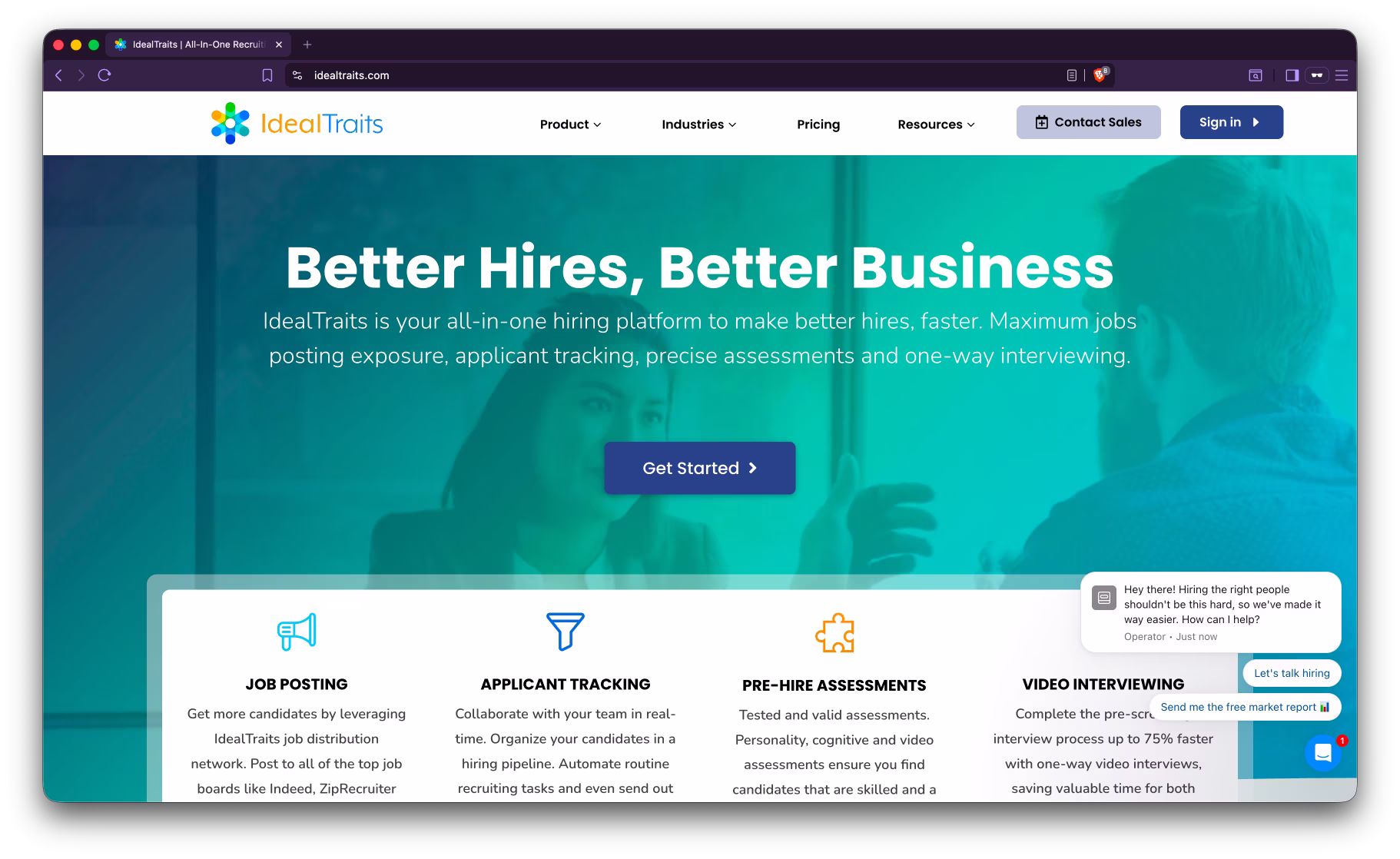 Screenshot of Ideal Traits' public homepage showing their hiring platform for SMBs including insurance.