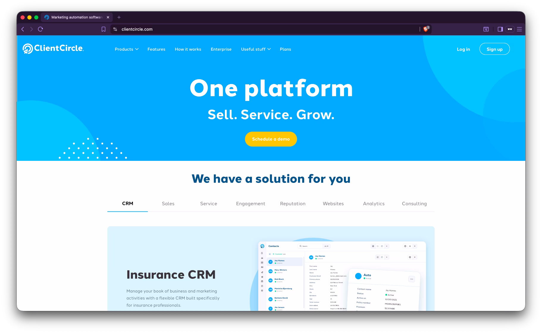 Screenshot of ClientCircle's public homepage showing their customer experience platform for insurance agencies.