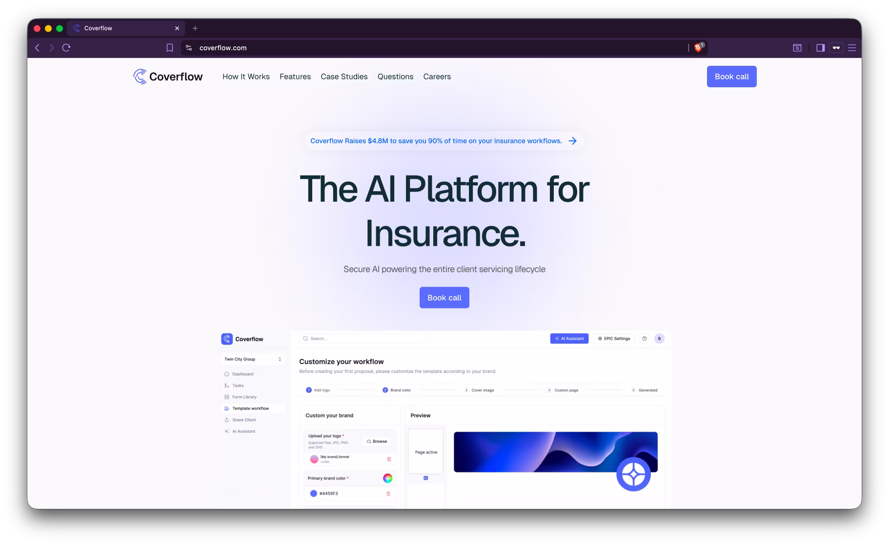Screenshot of Coverflow's public homepage showing their insurance quoting platform.