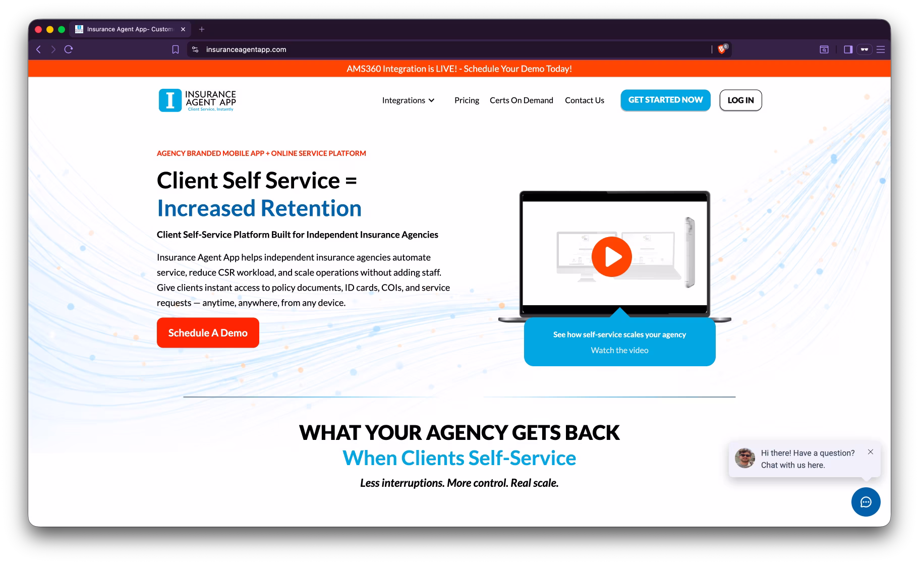 Screenshot of Insurance Agent App's public homepage showing their mobile-first agent toolkit.