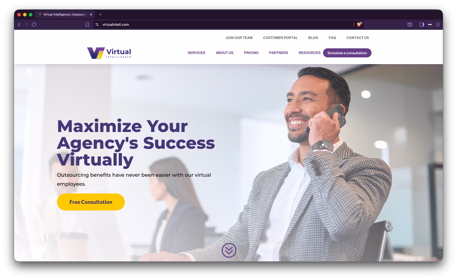 Screenshot of Virtual Intelligence's public homepage showing their insurance-focused outsourcing service.