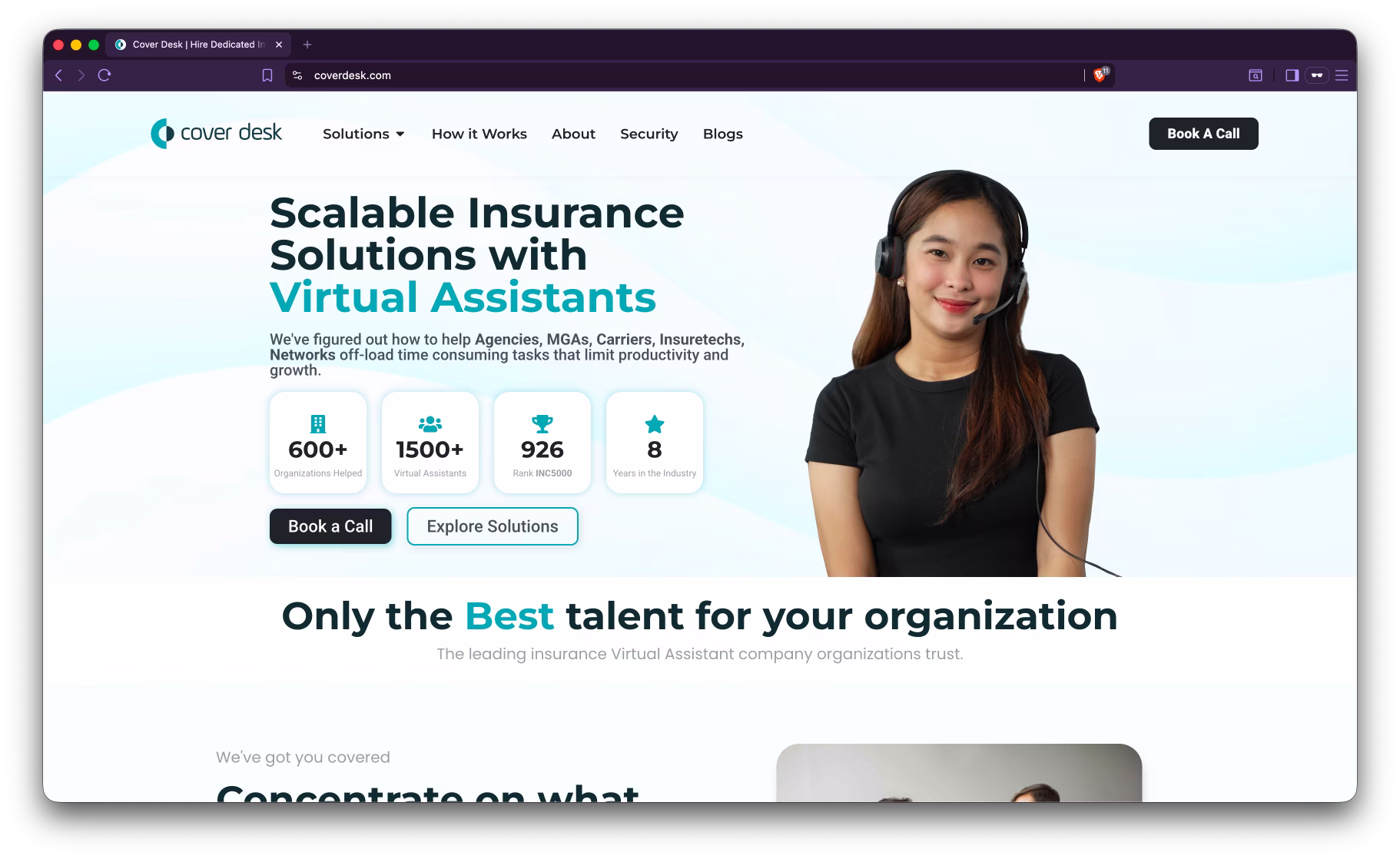 Screenshot of Cover Desk's public homepage showing their insurance-focused VA service.