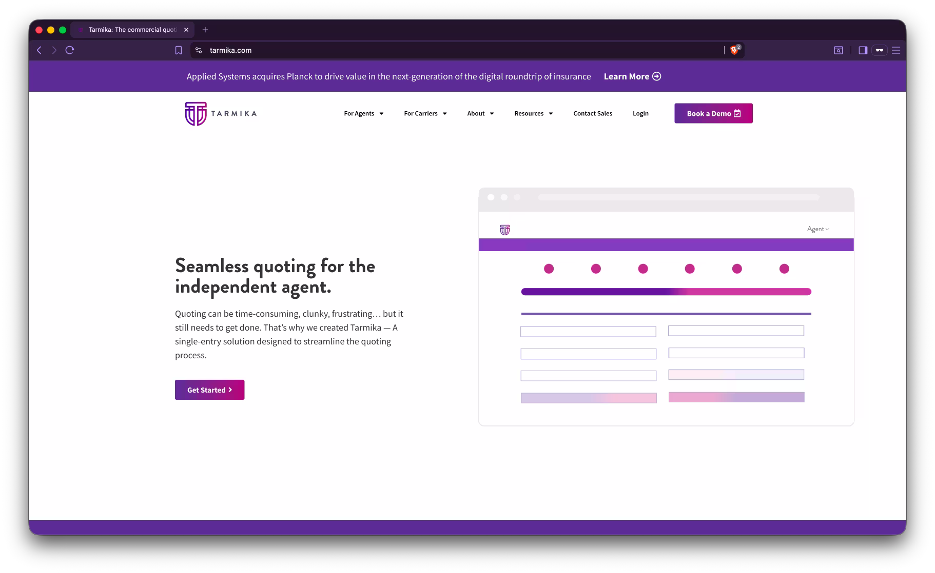 Screenshot of Tarmika's public homepage showing their commercial small business quoting platform.