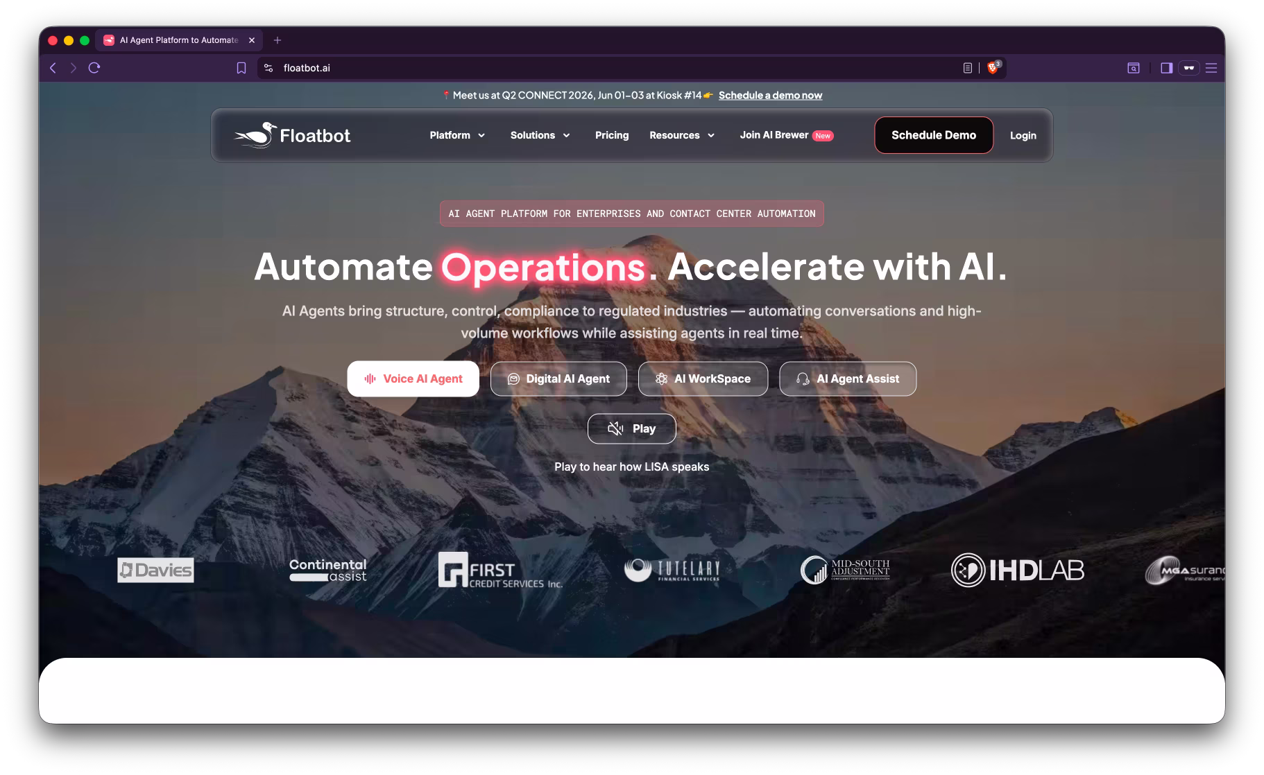 Screenshot of Floatbot's public homepage showing their BFSI conversational AI platform.