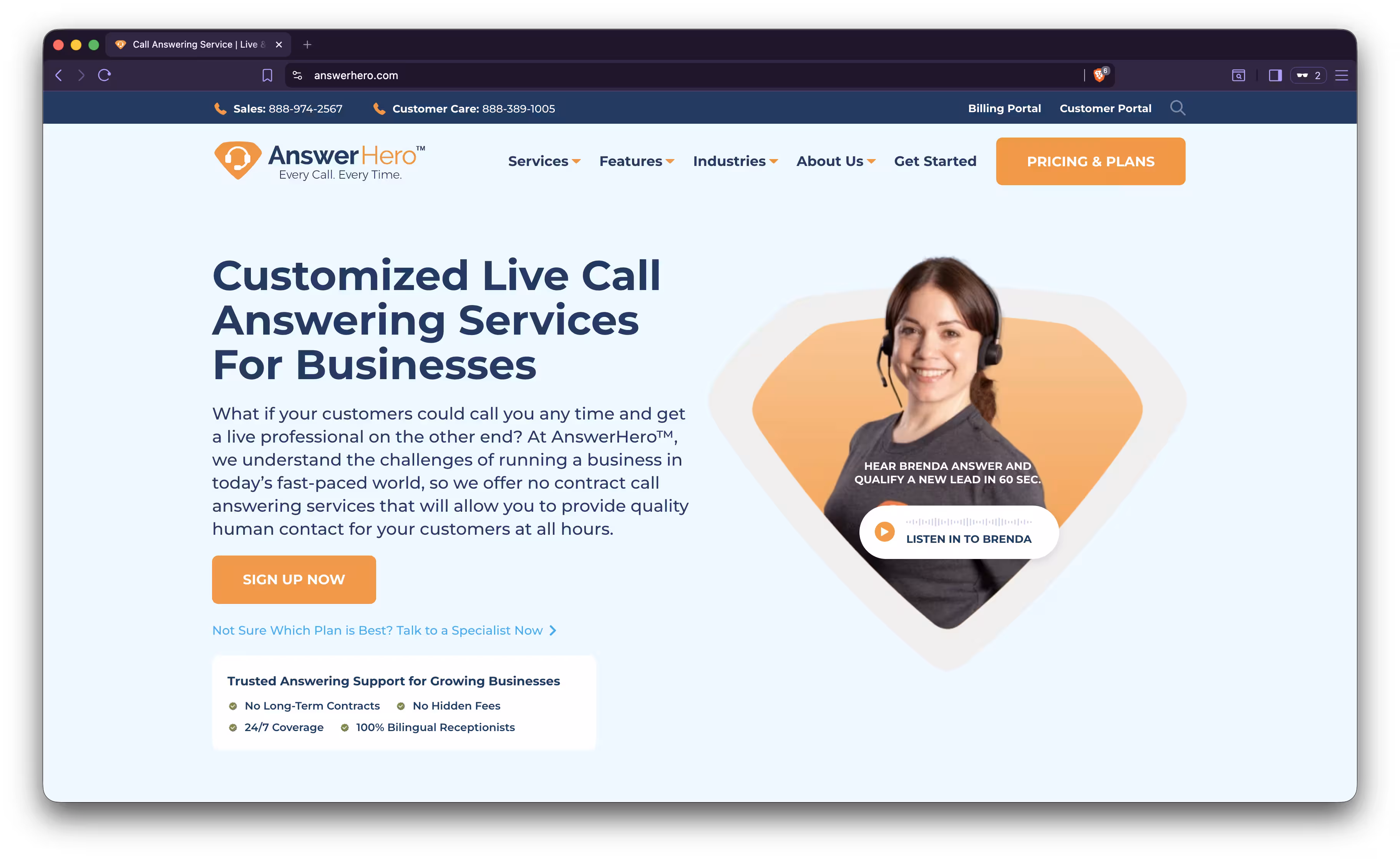 Screenshot of AnswerHero's public homepage showing their hybrid live and AI answering service.