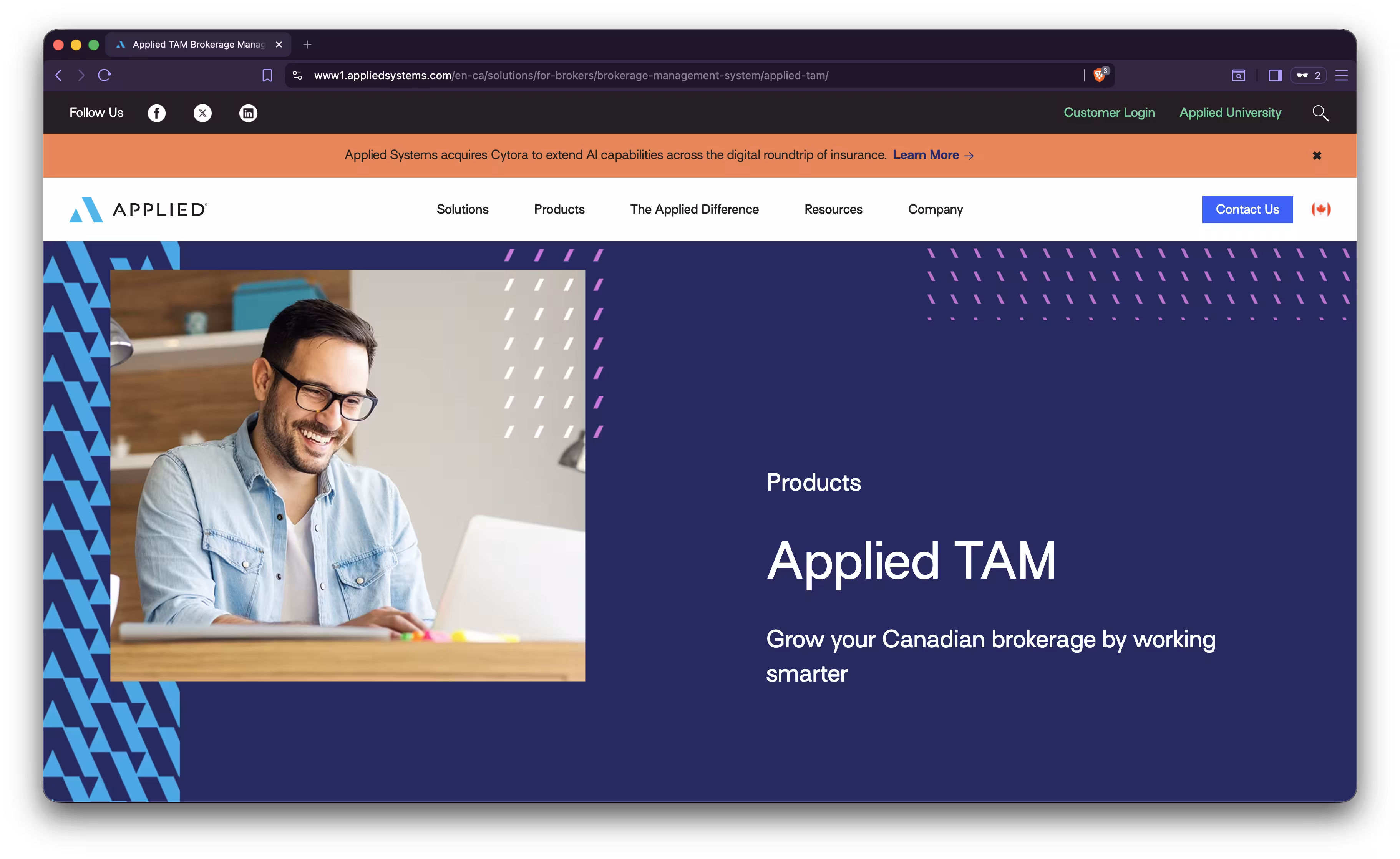 Screenshot of Applied TAM's public page showing their agency management system.