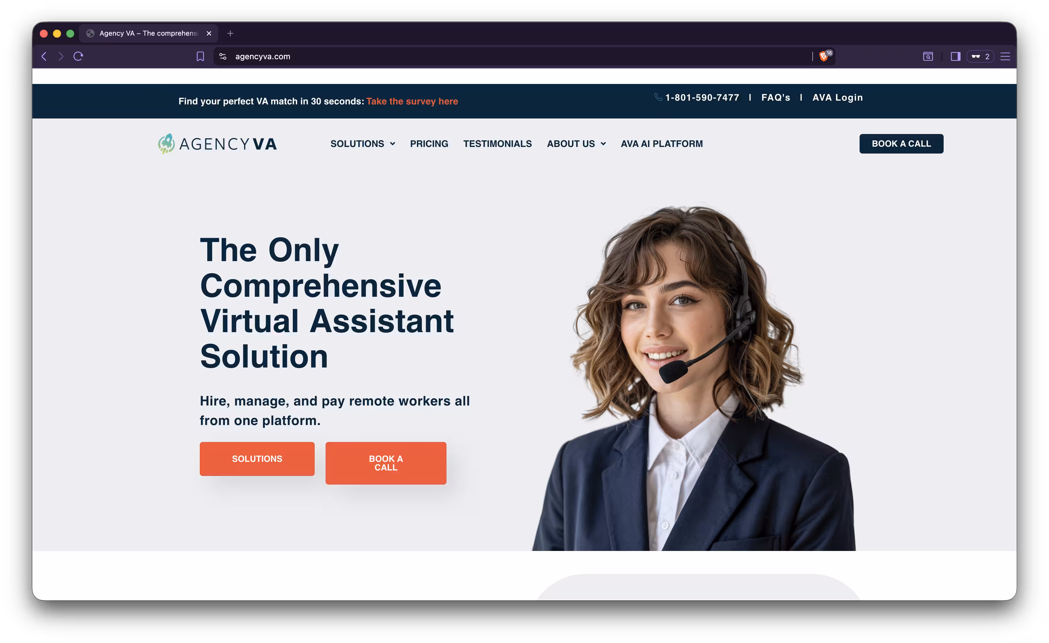 Screenshot of Agency VA's public homepage showing their insurance-focused virtual assistant service.