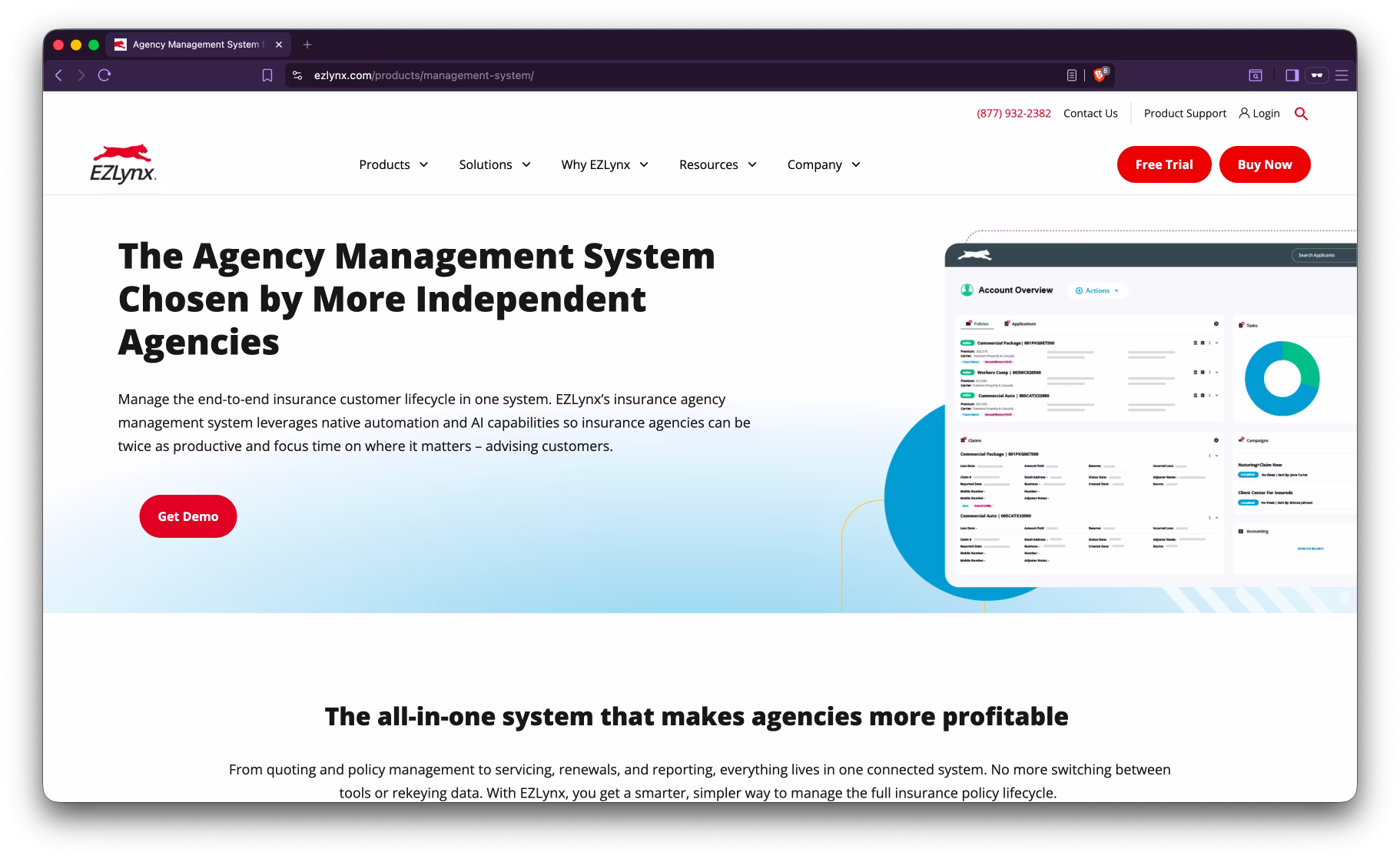 Screenshot of EZLynx AMS public page showing their agency management system.