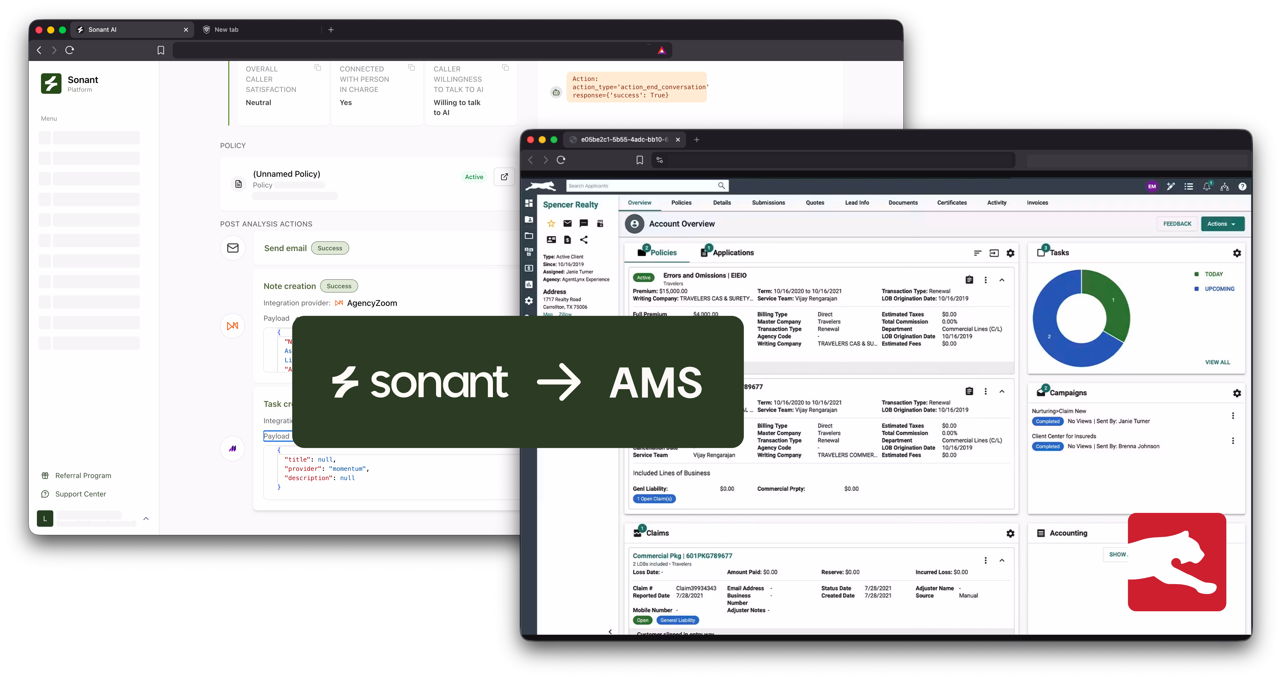 Sonant AI answering service writing a P&C insurance call note natively to EZLynx within 60 seconds of the call ending.