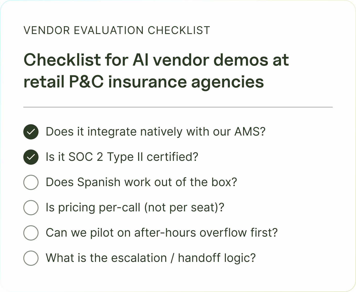 Pre-purchase checklist for AI vendor demos at retail P&C insurance agencies – 6 items that prevent the 8 most common deployment mistakes.