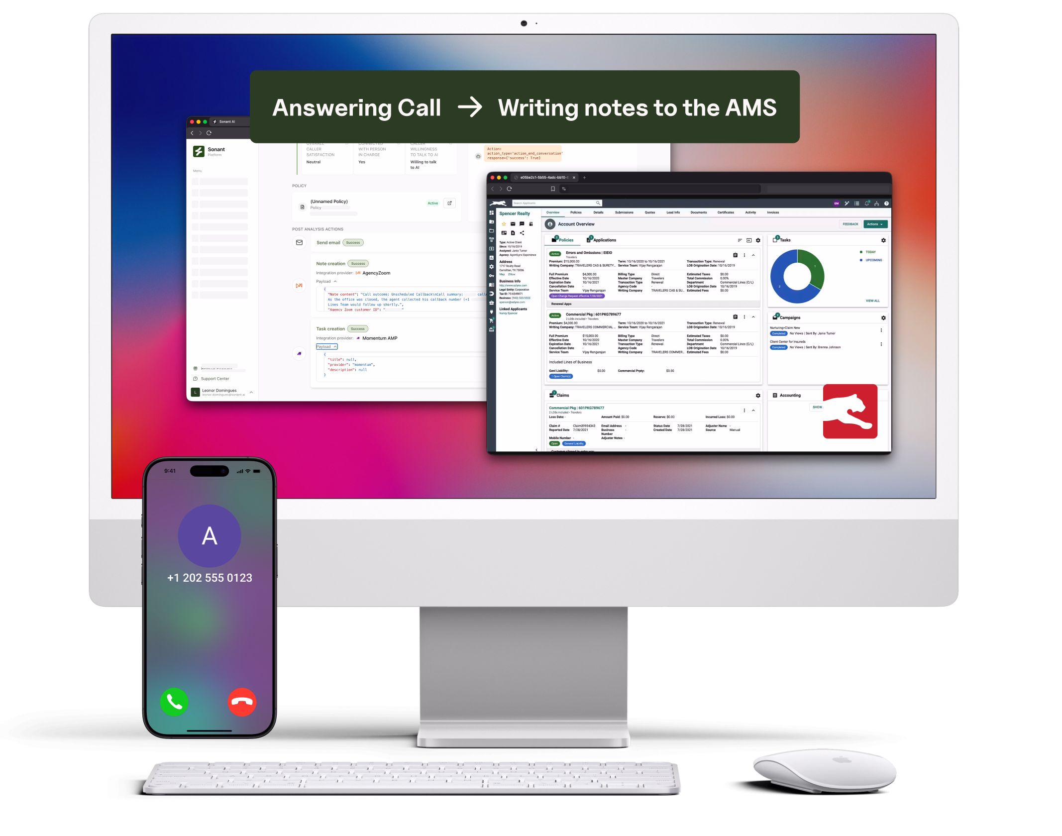 AI voice receptionist answering an insurance agency call while writing structured notes to the AMS.