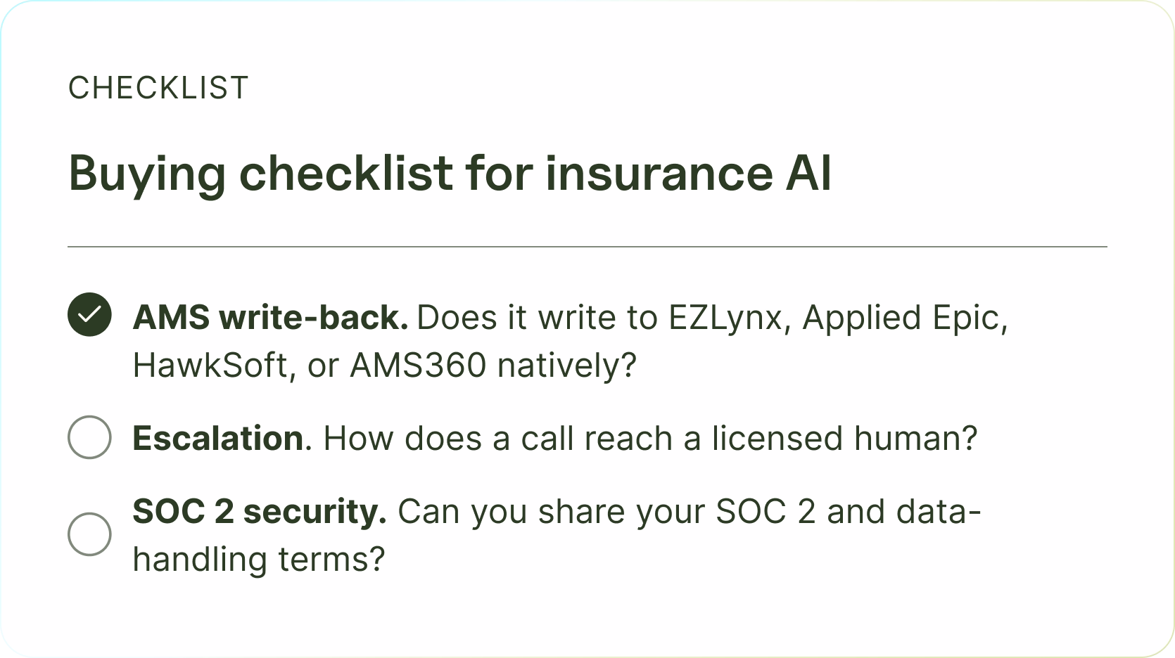 Buying checklist for insurance AI: AMS write-back, escalation, and SOC 2 security.