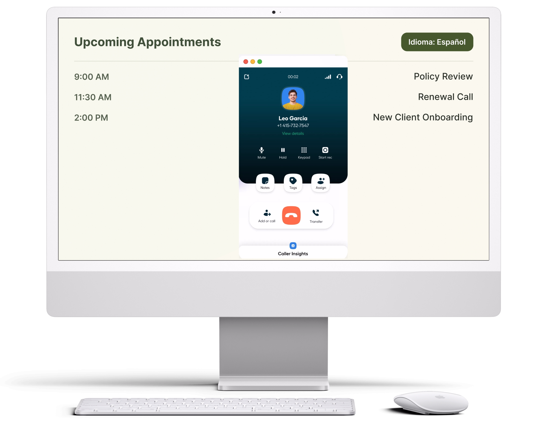 Spanish-speaking insurance client handled end to end by a bilingual AI receptionist.