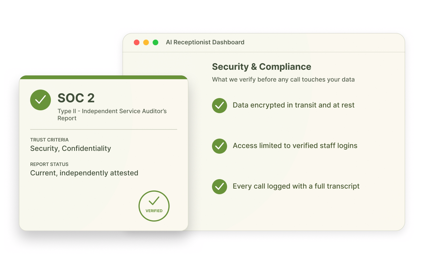 Insurance agency principal reviewing an AI receptionist vendor’s SOC 2 report for compliance.