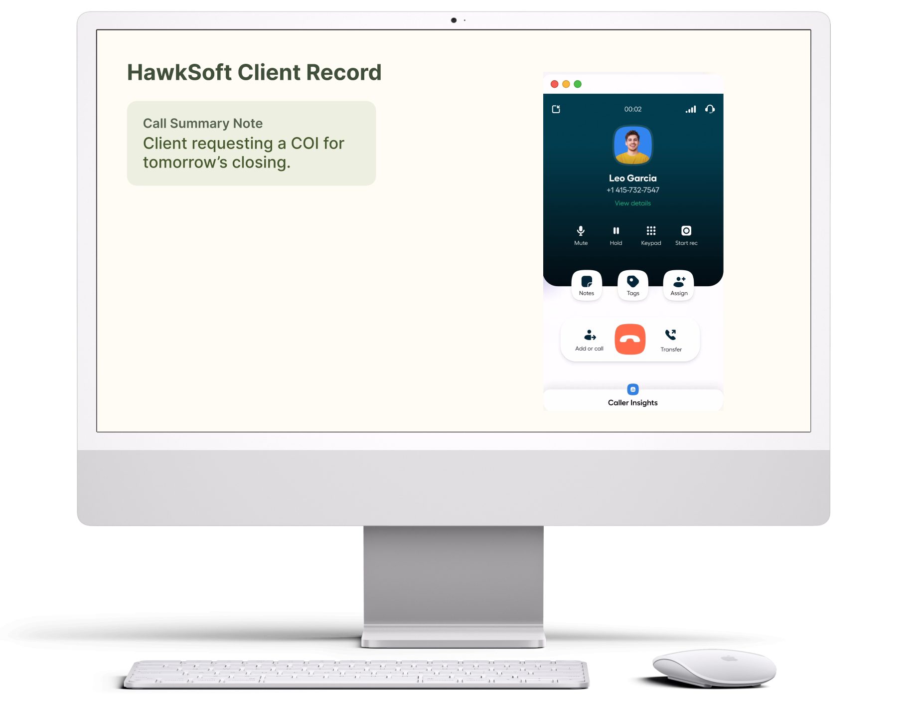AI receptionist logging a call note to a HawkSoft client record for an insurance agency
