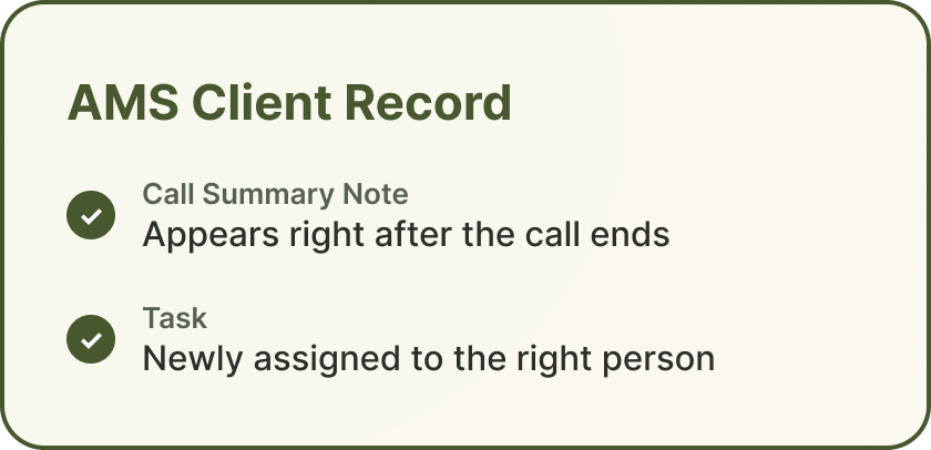 AI phone answering writing a call note and task back to an insurance AMS client record