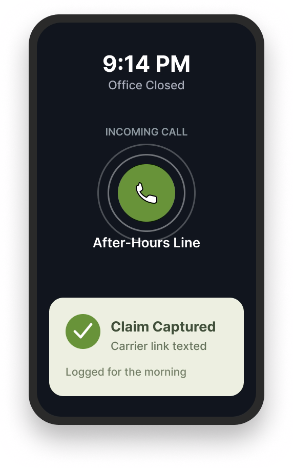 After-hours insurance call at night being captured and logged instead of going to voicemail.