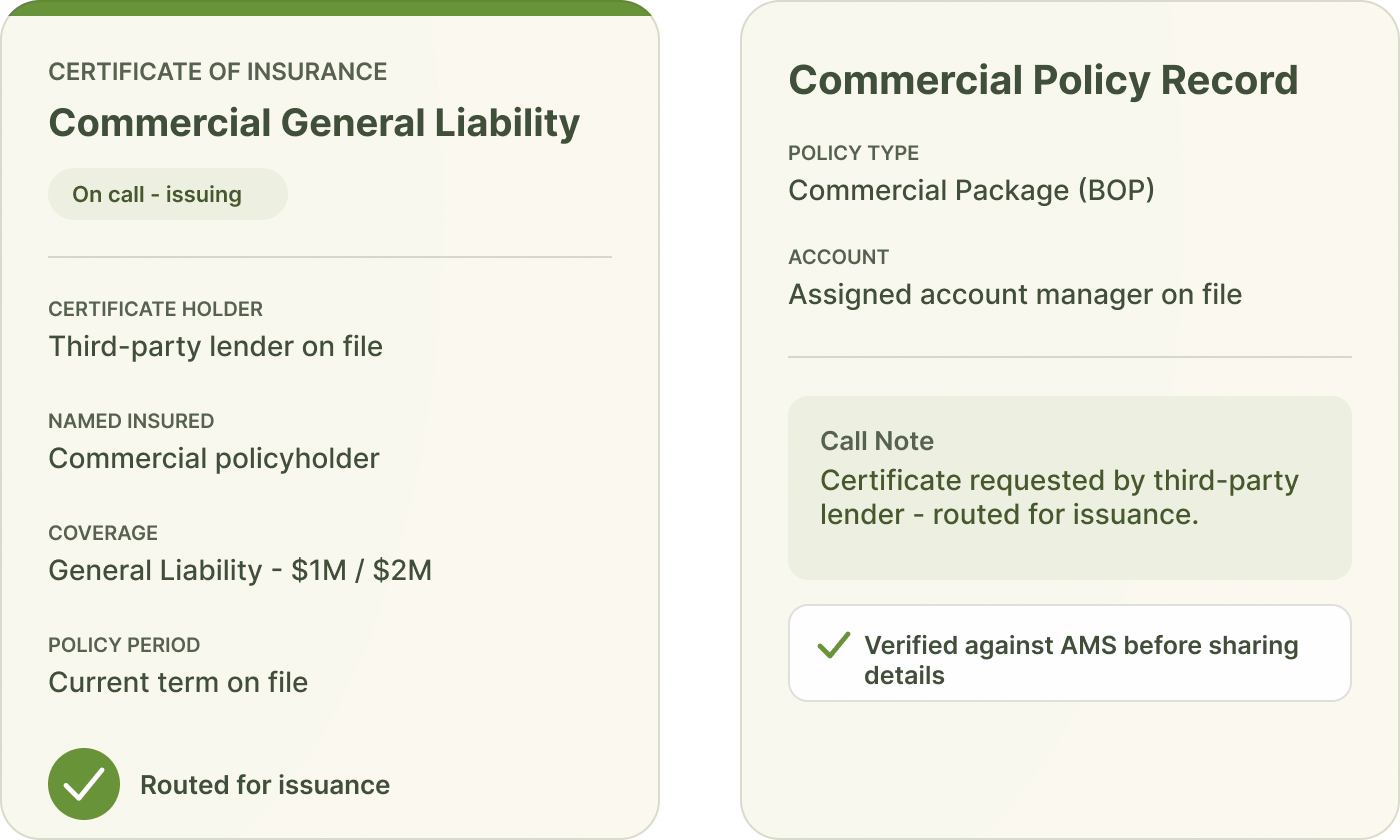 Commercial insurance account manager handling a certificate request with the policy record open.