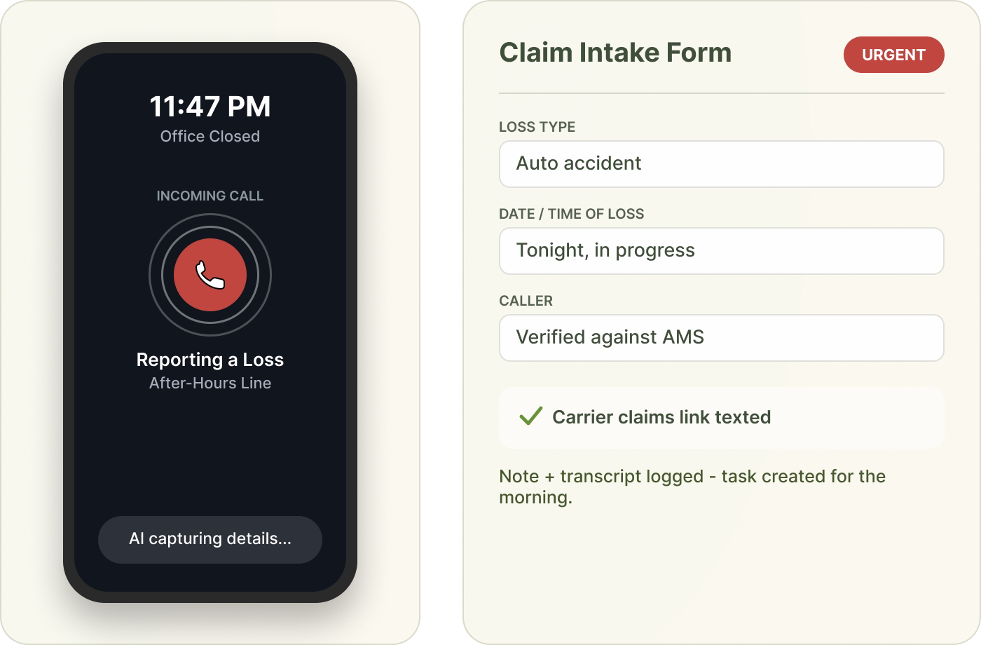 After-hours first notice of loss call being captured and flagged urgent by an AI receptionist.