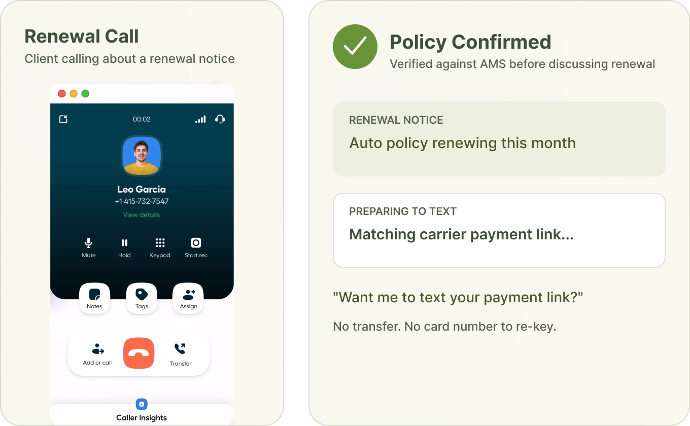 AI receptionist answering an insurance renewal call and preparing to text a carrier payment link.