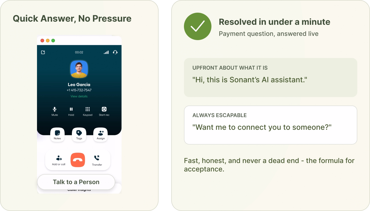 Insurance client comfortably talking to an AI receptionist with a clear option to reach a person.