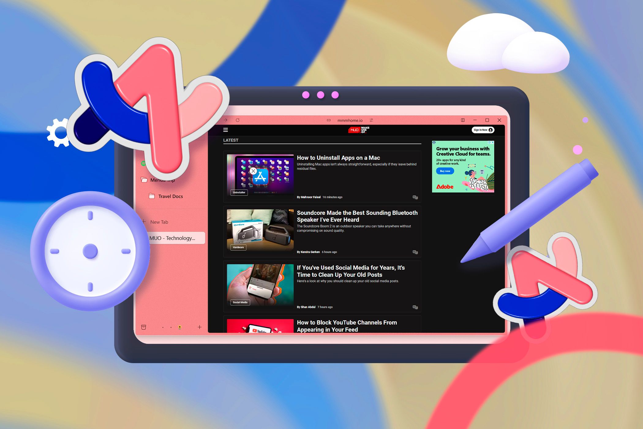 3D illustration of Arc browser with productivity icons