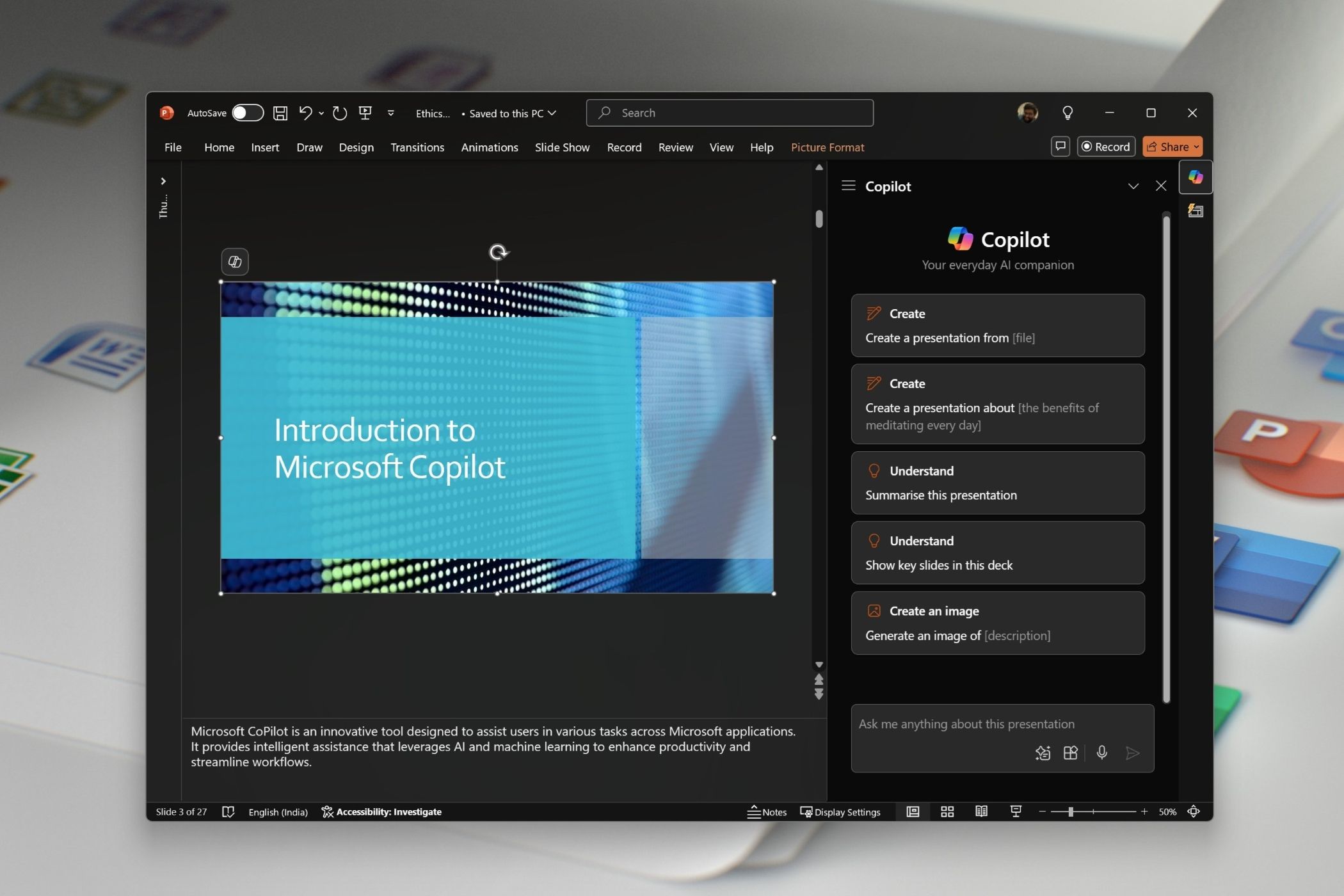 Microsoft PowerPoint with Copilot interface