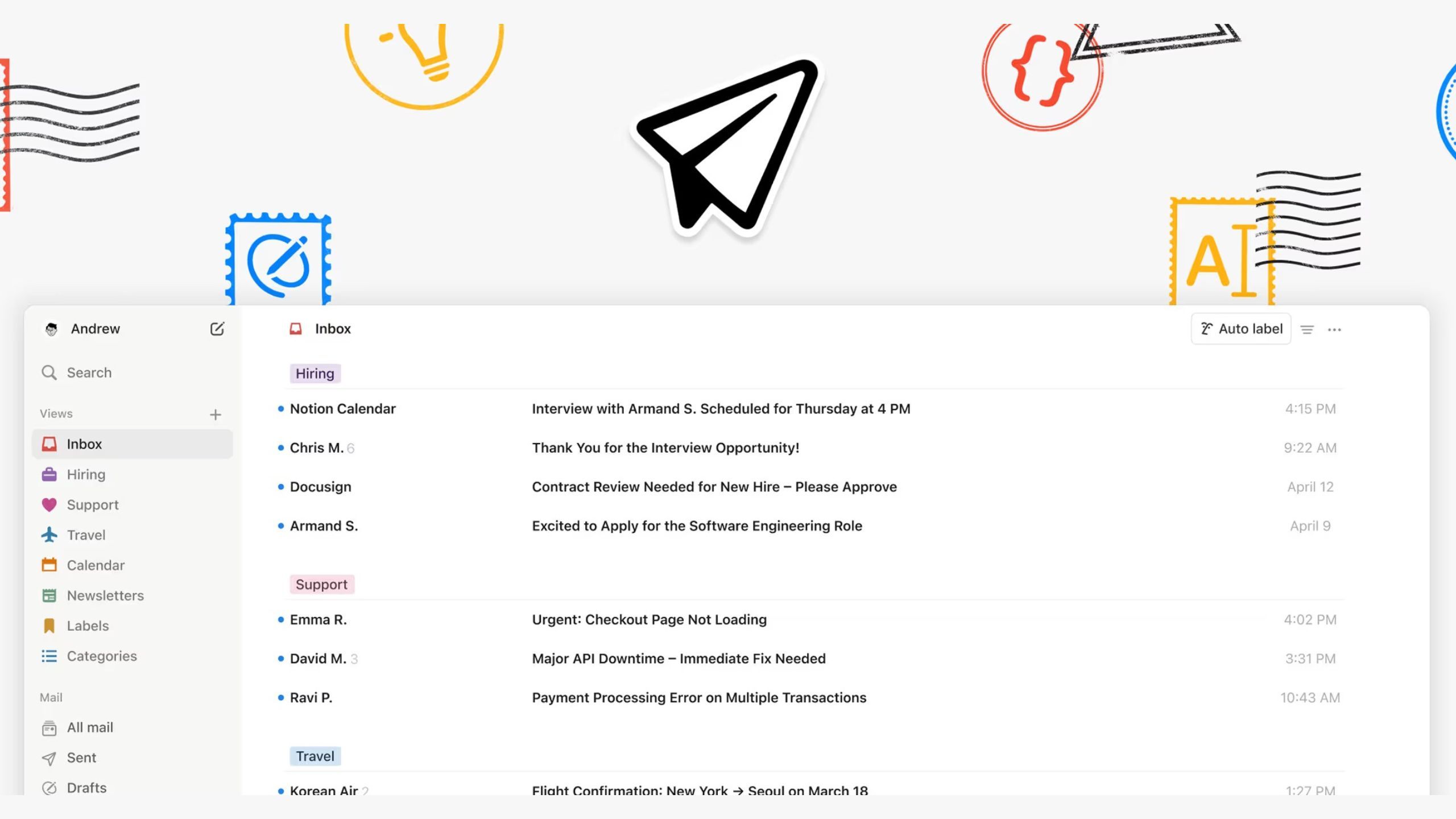 A laptop screen showing Notion Mail interface with email messages.