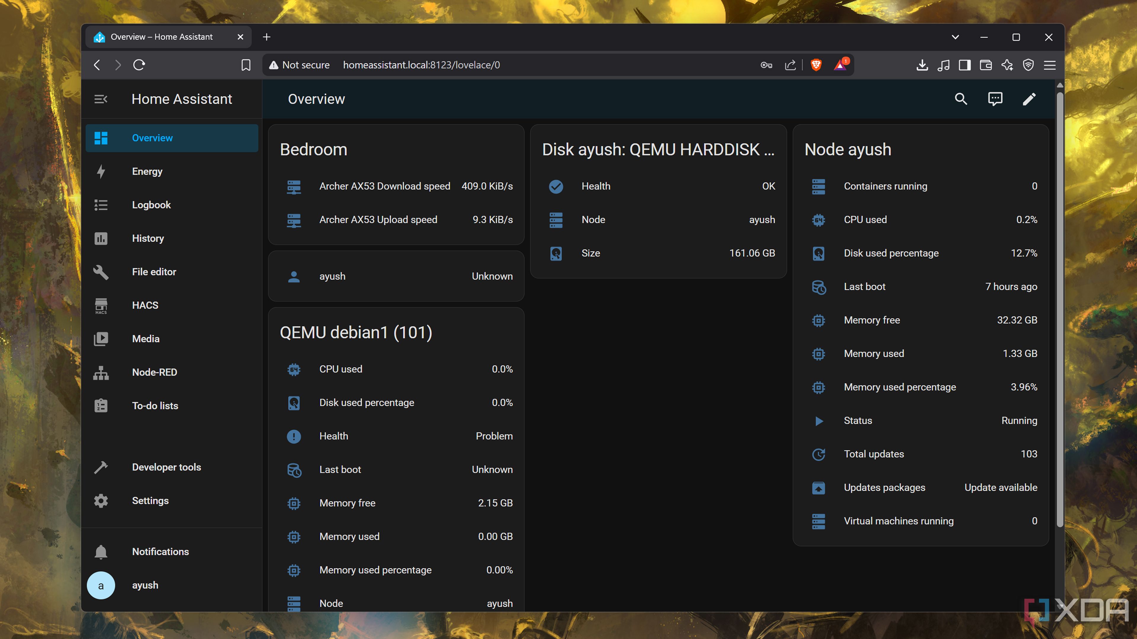 A computer dashboard displaying Proxmox and Home Assistant integration.
